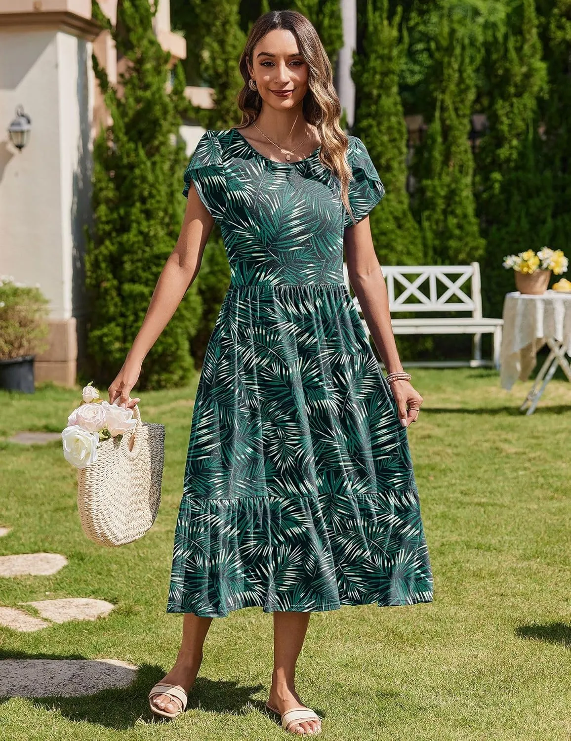 Zeagoo Midi A Line Dress Short Sleeve Casual Flowy Tiered Sundress