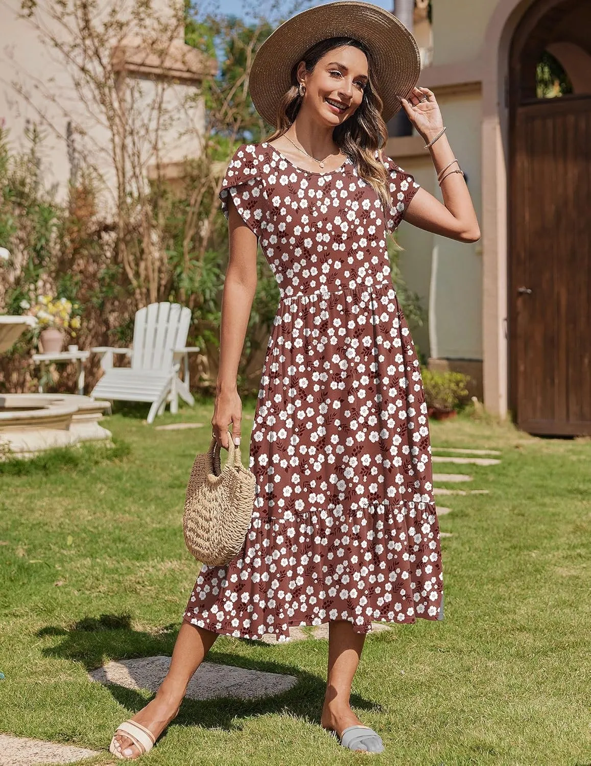 Zeagoo Midi A Line Dress Short Sleeve Casual Flowy Tiered Sundress