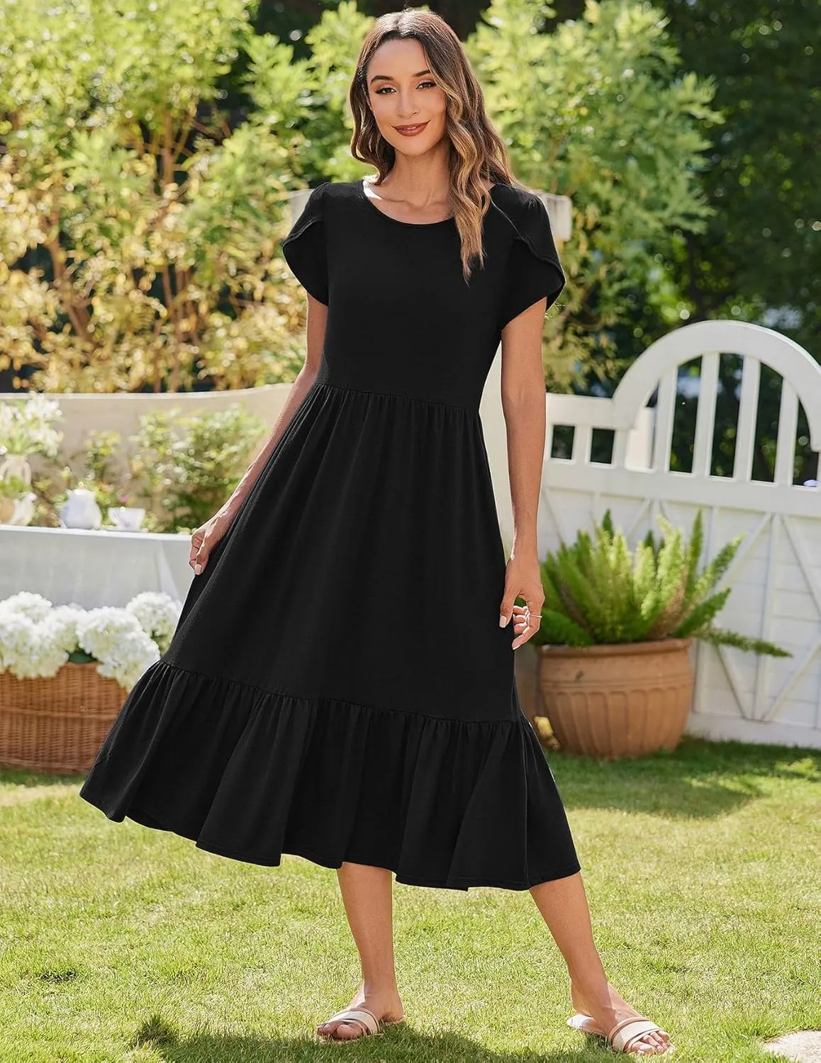 Zeagoo Midi A Line Dress Short Sleeve Casual Flowy Tiered Sundress