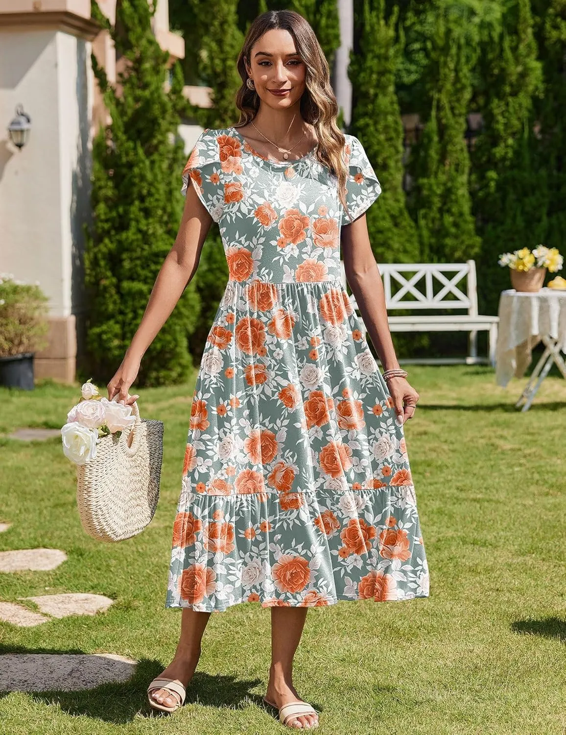 Zeagoo Midi A Line Dress Short Sleeve Casual Flowy Tiered Sundress