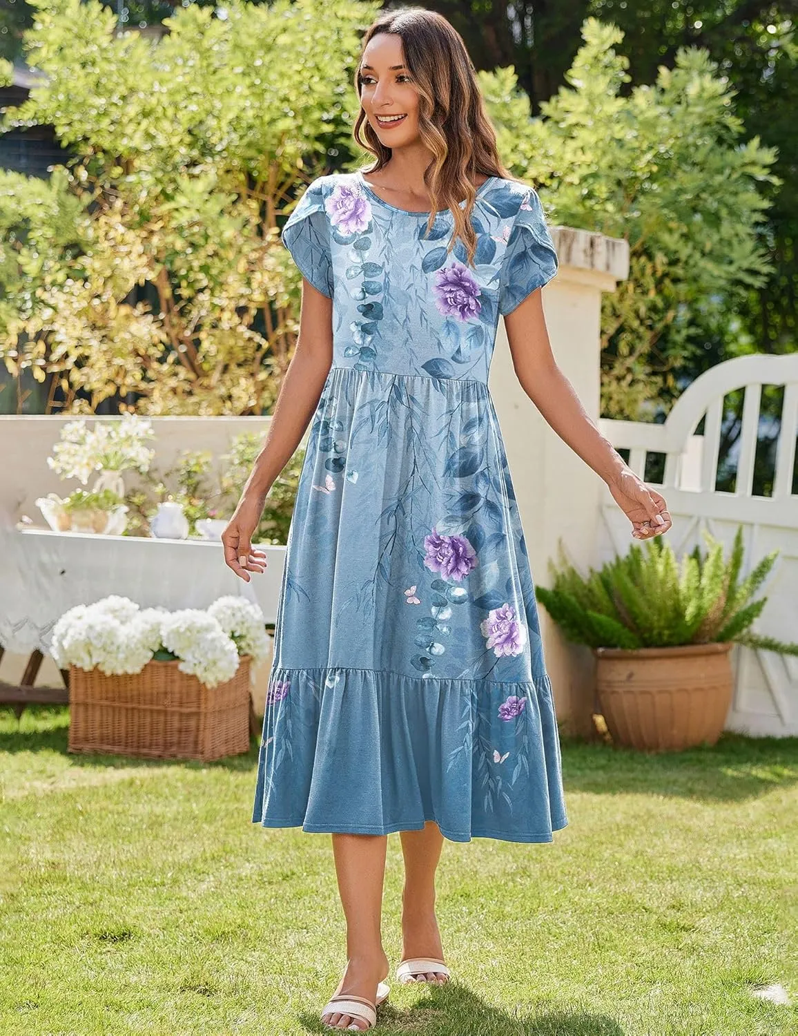 Zeagoo Midi A Line Dress Short Sleeve Casual Flowy Tiered Sundress