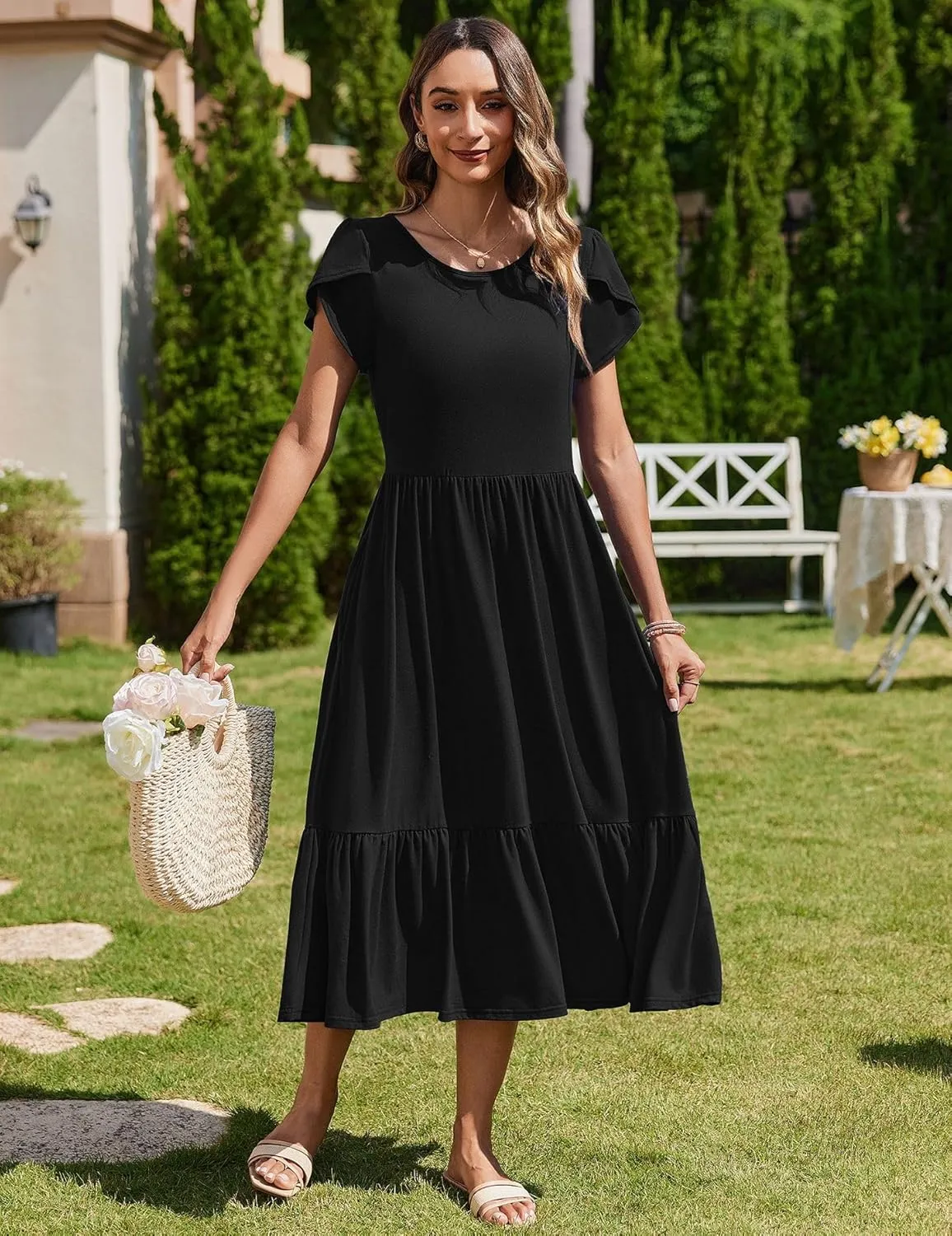 Zeagoo Midi A Line Dress Short Sleeve Casual Flowy Tiered Sundress