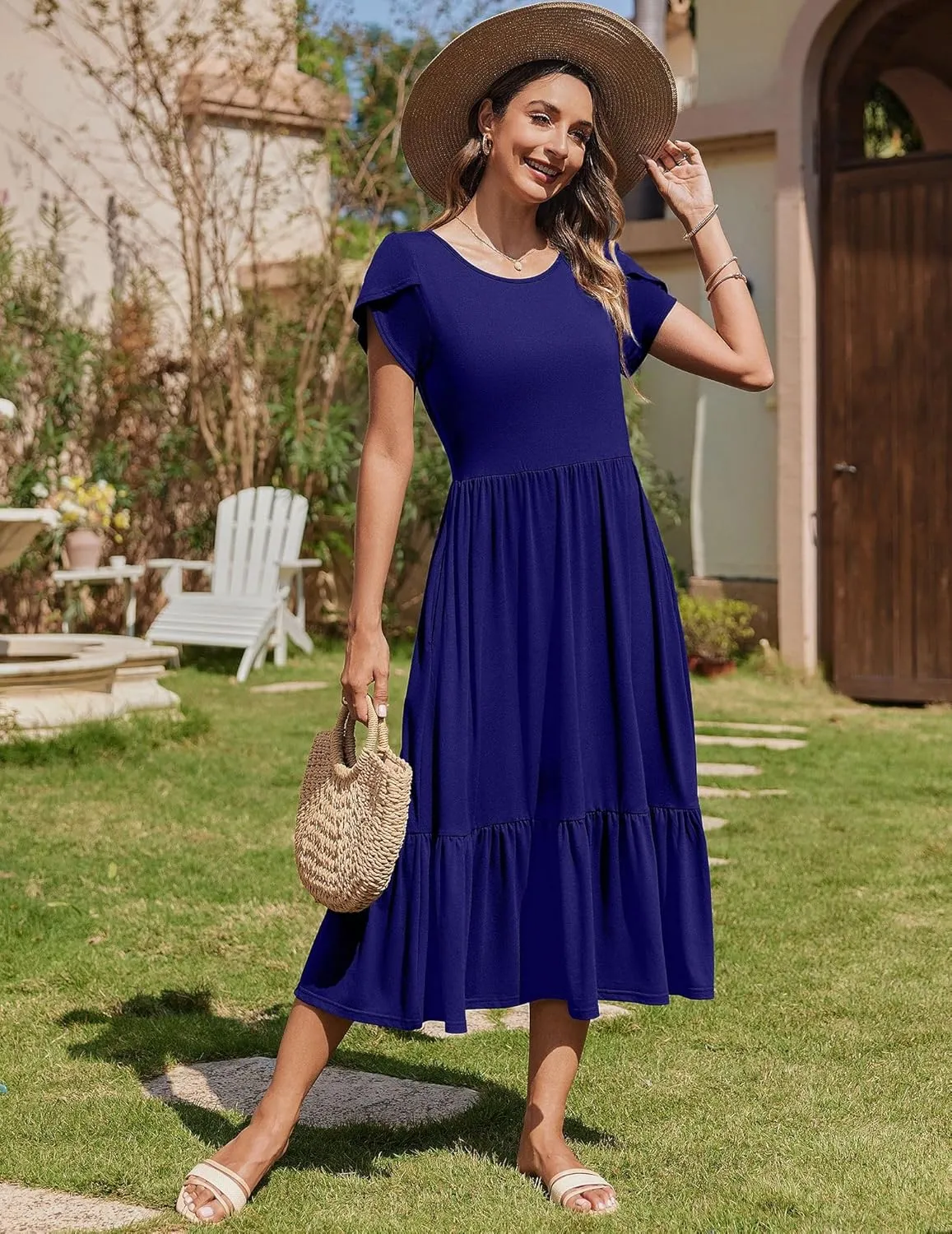 Zeagoo Midi A Line Dress Short Sleeve Casual Flowy Tiered Sundress