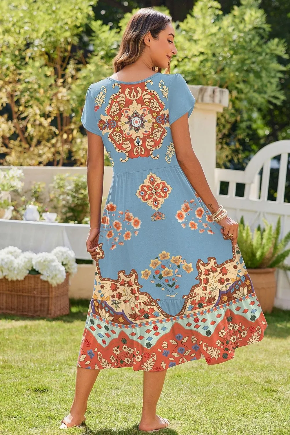 Zeagoo Midi A Line Dress Short Sleeve Casual Flowy Tiered Sundress