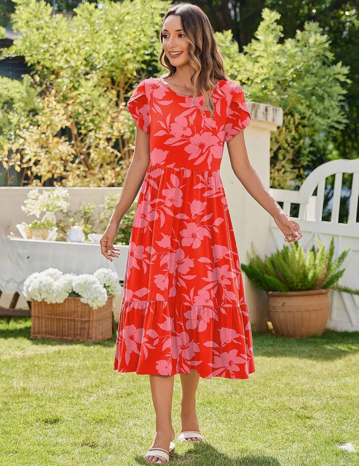 Zeagoo Midi A Line Dress Short Sleeve Casual Flowy Tiered Sundress