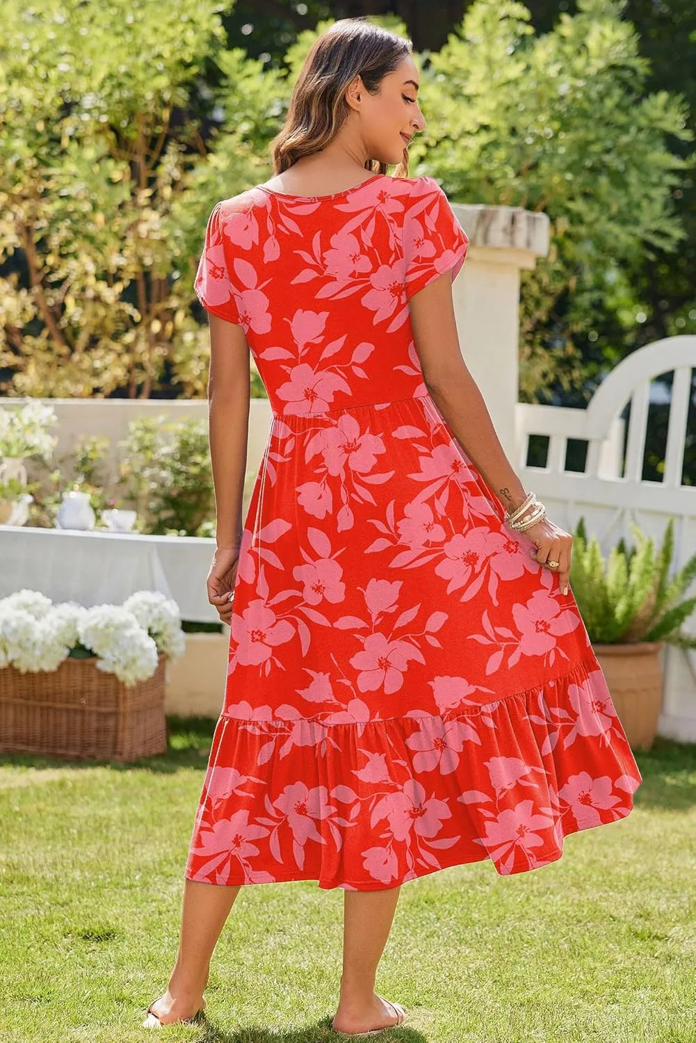 Zeagoo Midi A Line Dress Short Sleeve Casual Flowy Tiered Sundress