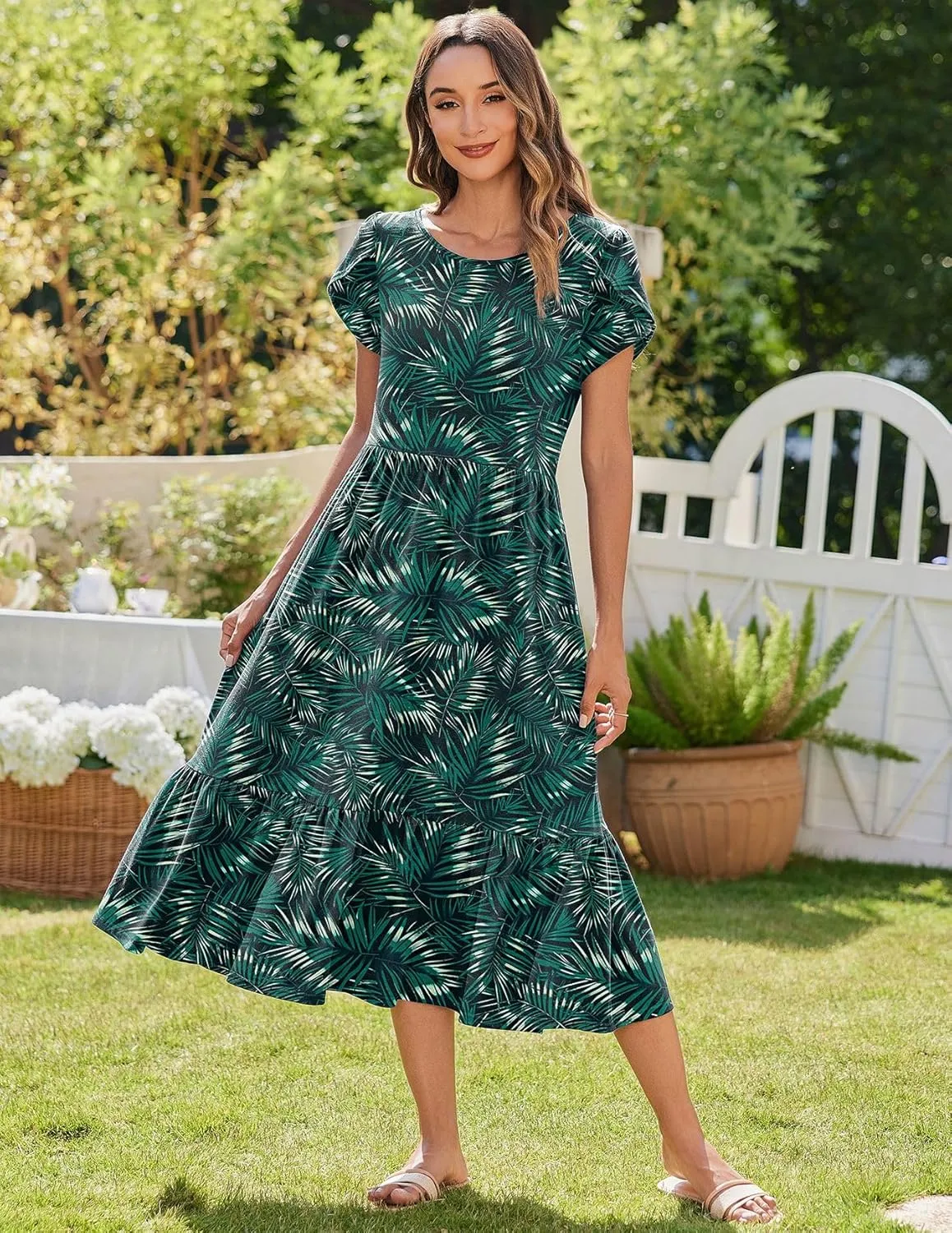 Zeagoo Midi A Line Dress Short Sleeve Casual Flowy Tiered Sundress