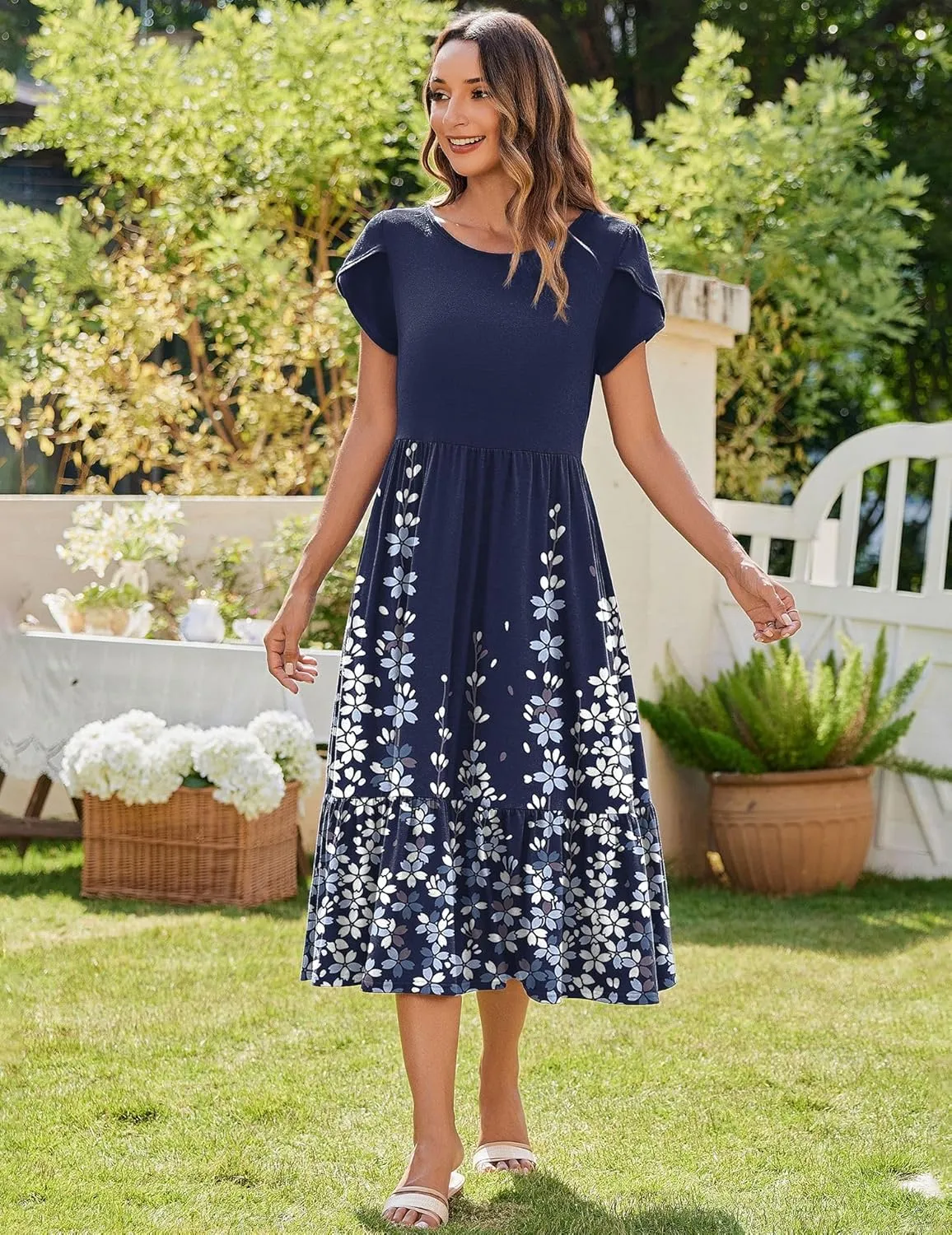 Zeagoo Midi A Line Dress Short Sleeve Casual Flowy Tiered Sundress