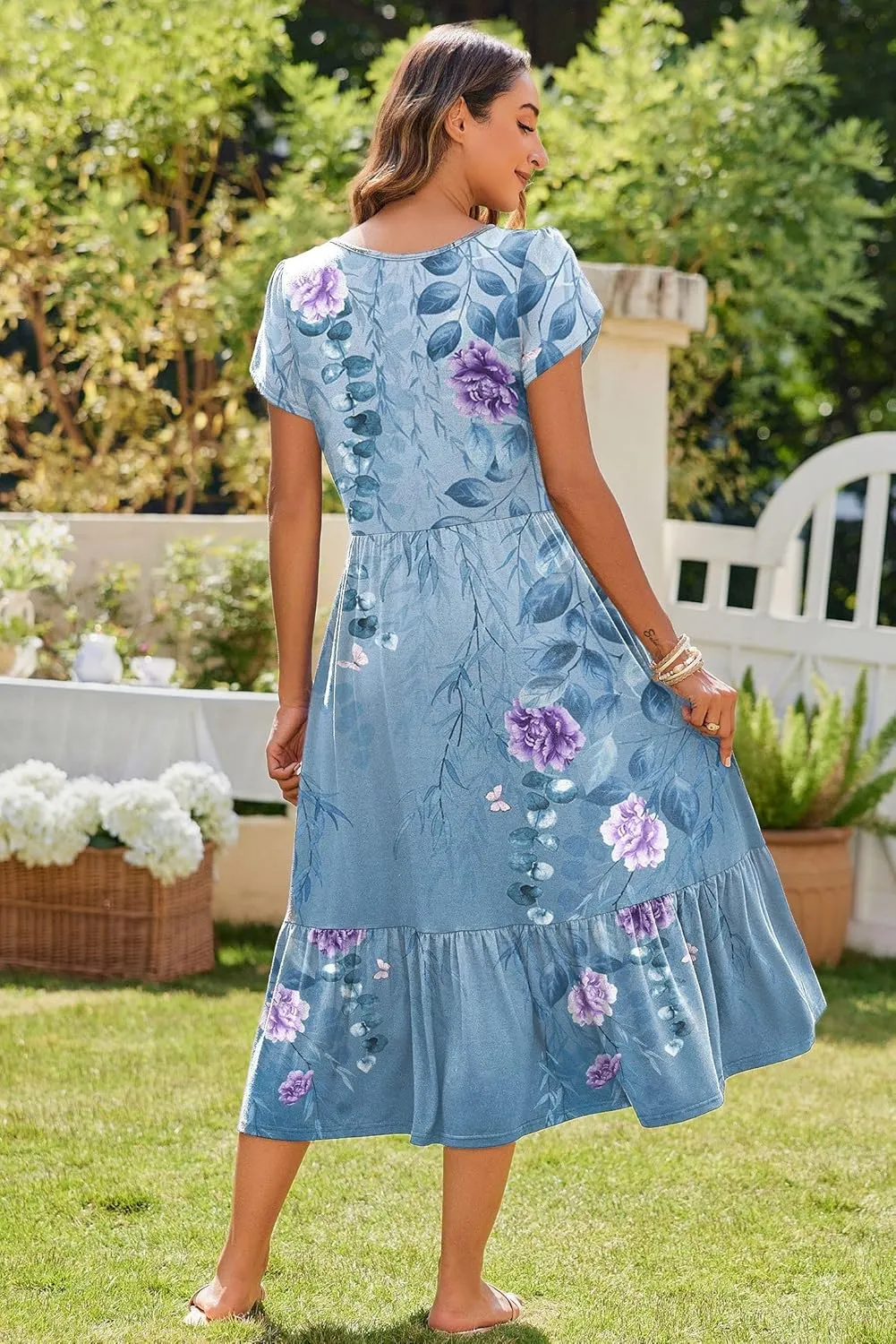 Zeagoo Midi A Line Dress Short Sleeve Casual Flowy Tiered Sundress