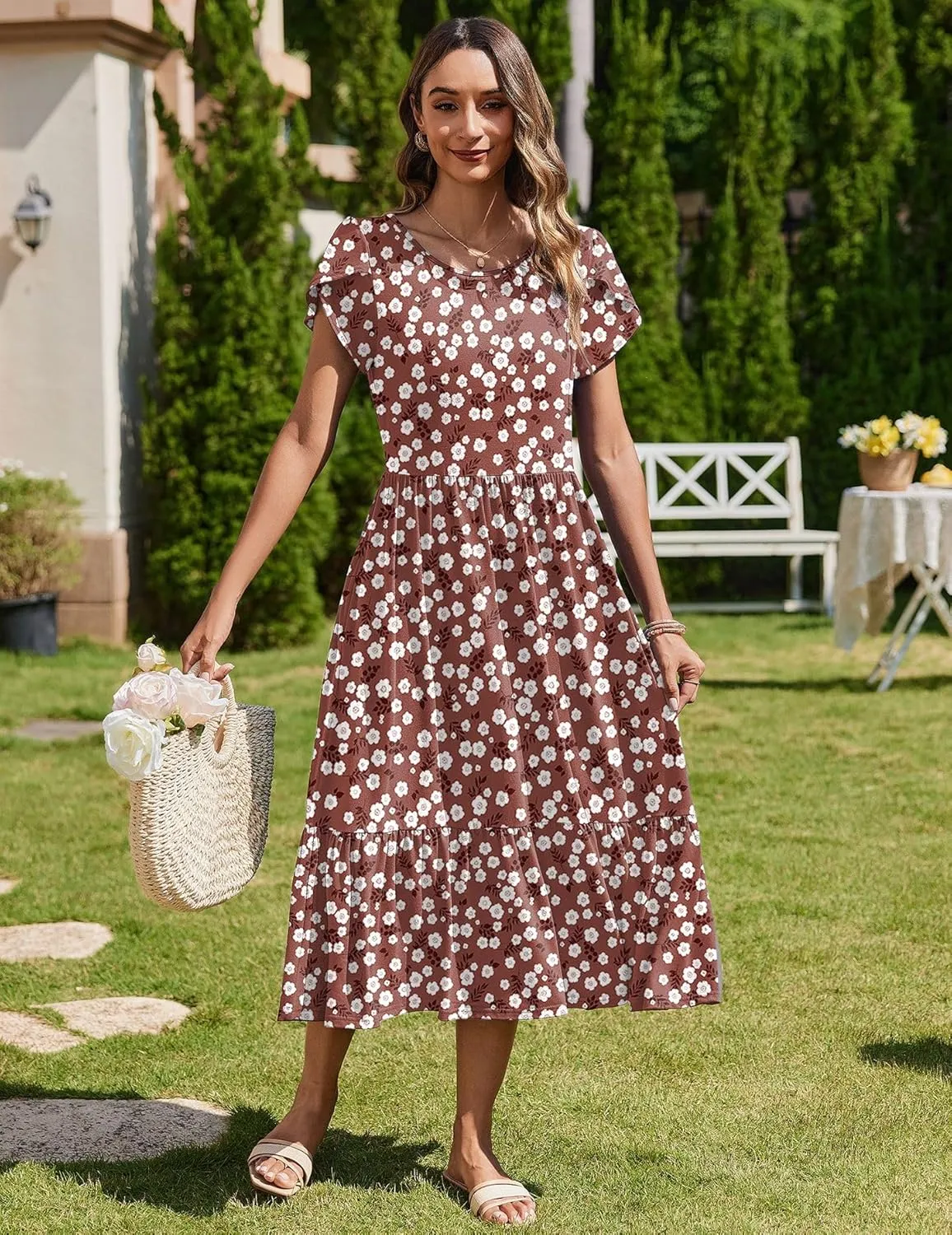 Zeagoo Midi A Line Dress Short Sleeve Casual Flowy Tiered Sundress