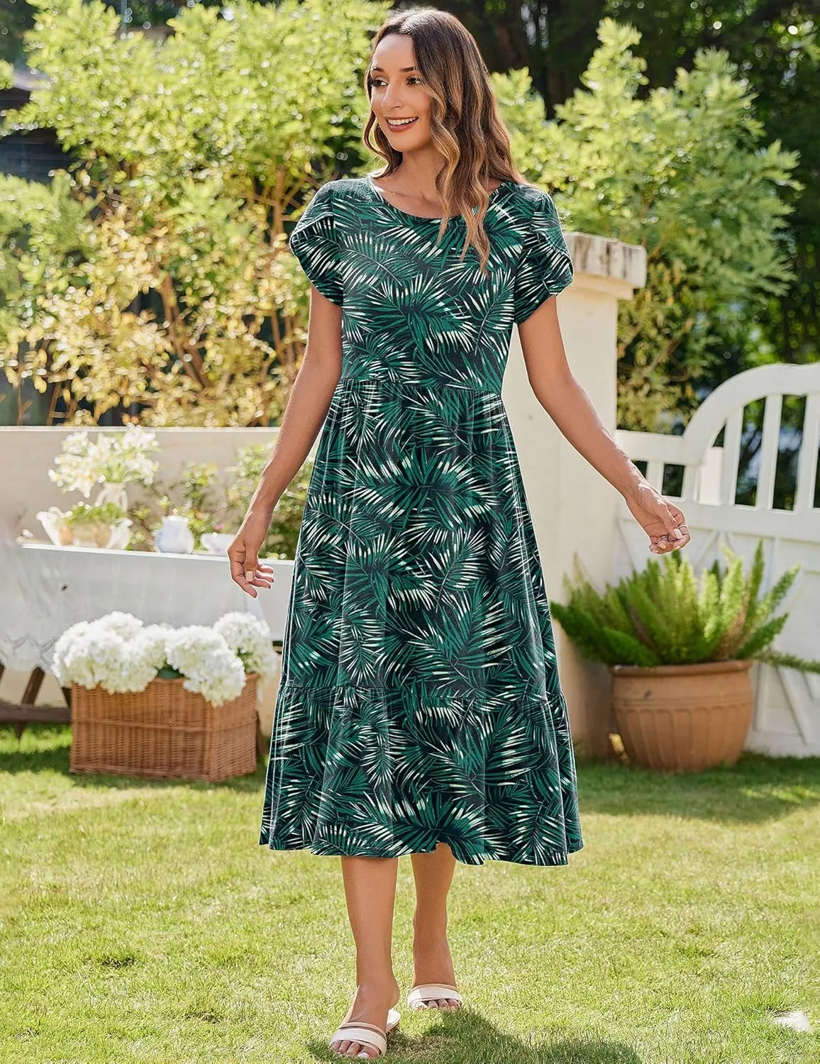 Zeagoo Midi A Line Dress Short Sleeve Casual Flowy Tiered Sundress