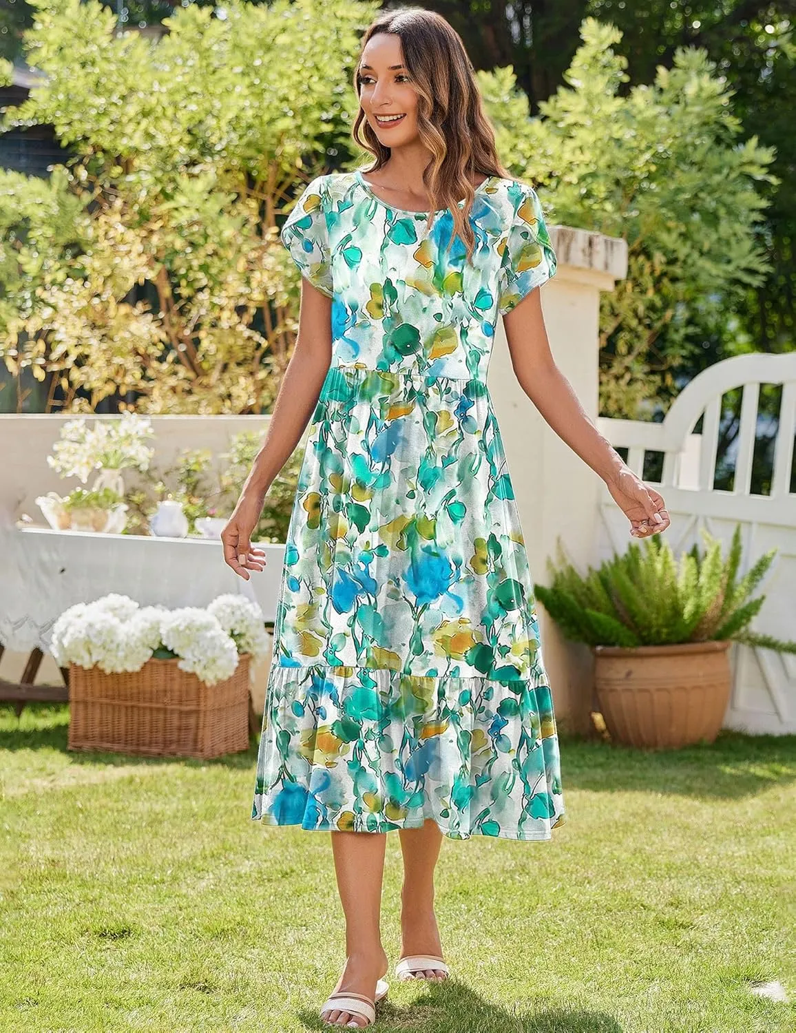 Zeagoo Midi A Line Dress Short Sleeve Casual Flowy Tiered Sundress