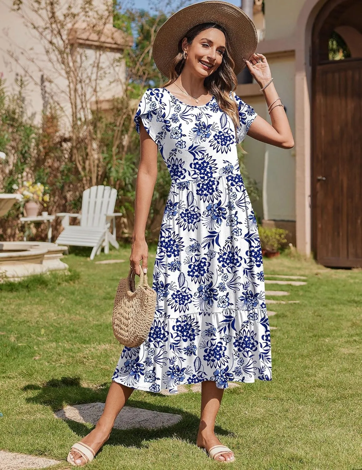 Zeagoo Midi A Line Dress Short Sleeve Casual Flowy Tiered Sundress