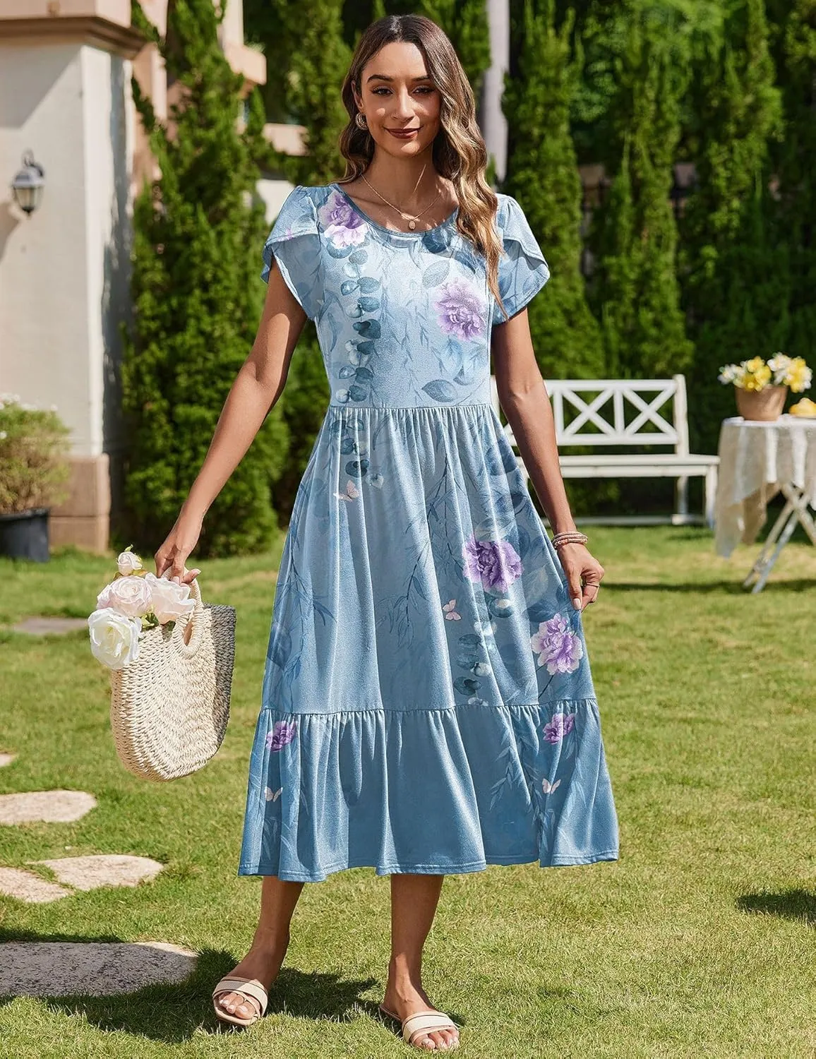 Zeagoo Midi A Line Dress Short Sleeve Casual Flowy Tiered Sundress
