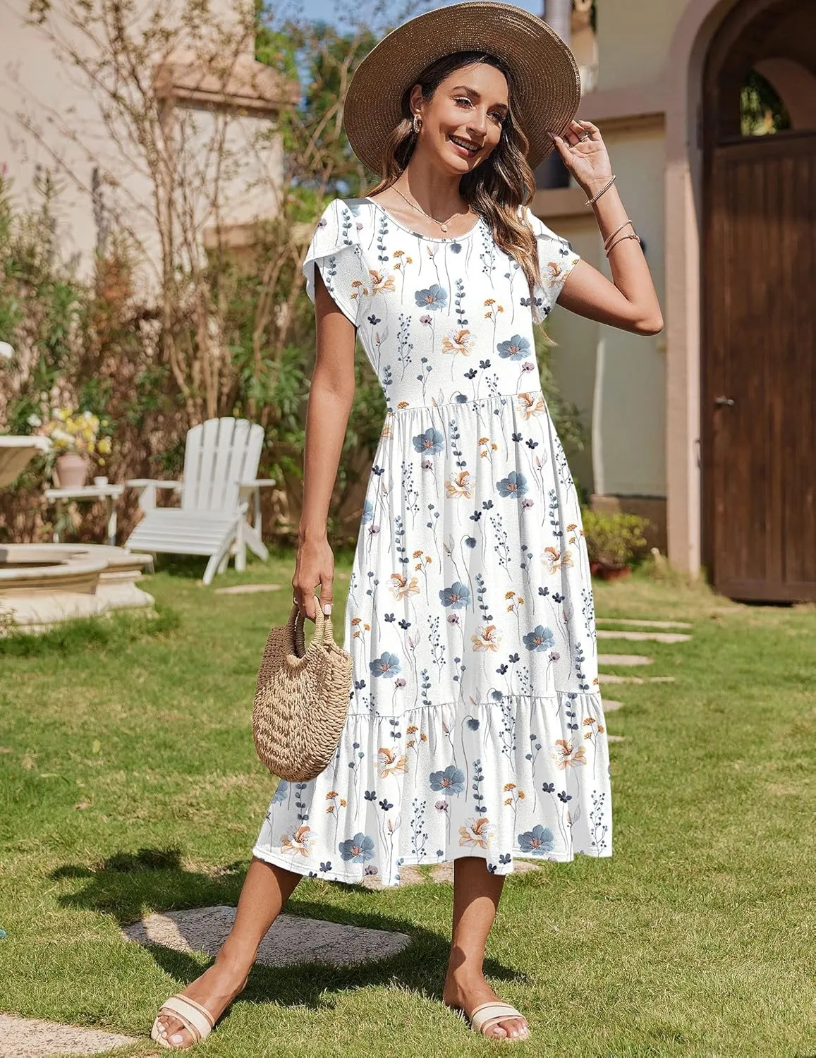 Zeagoo Midi A Line Dress Short Sleeve Casual Flowy Tiered Sundress
