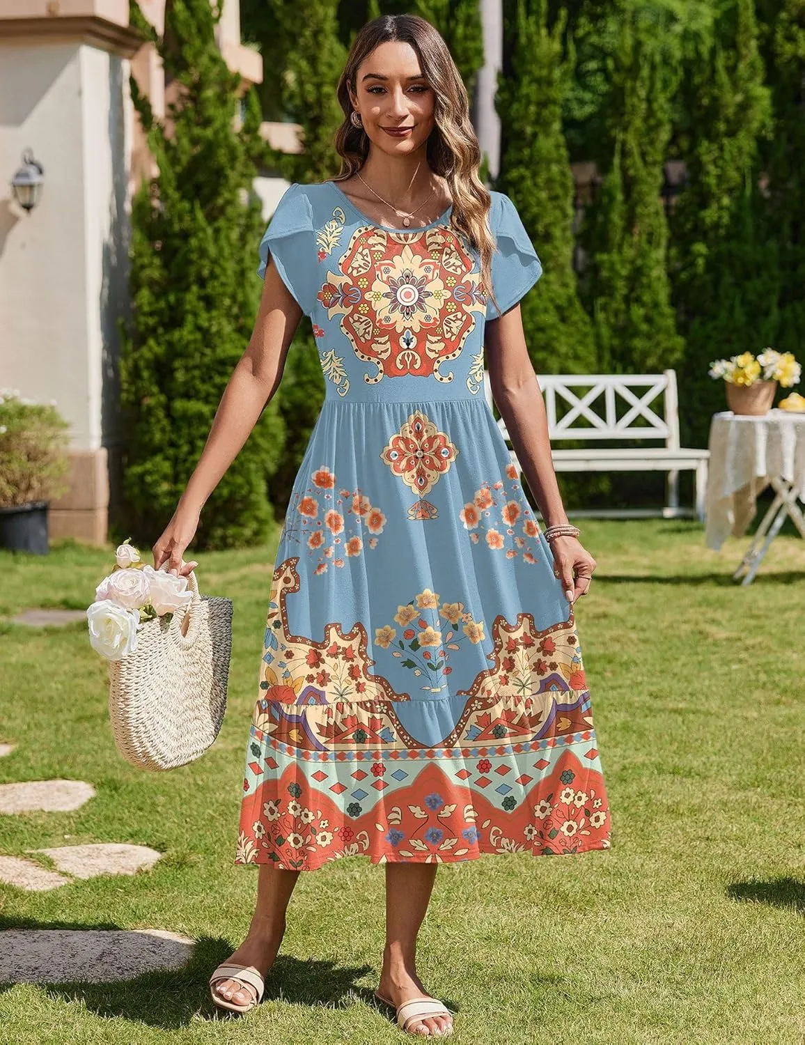 Zeagoo Midi A Line Dress Short Sleeve Casual Flowy Tiered Sundress