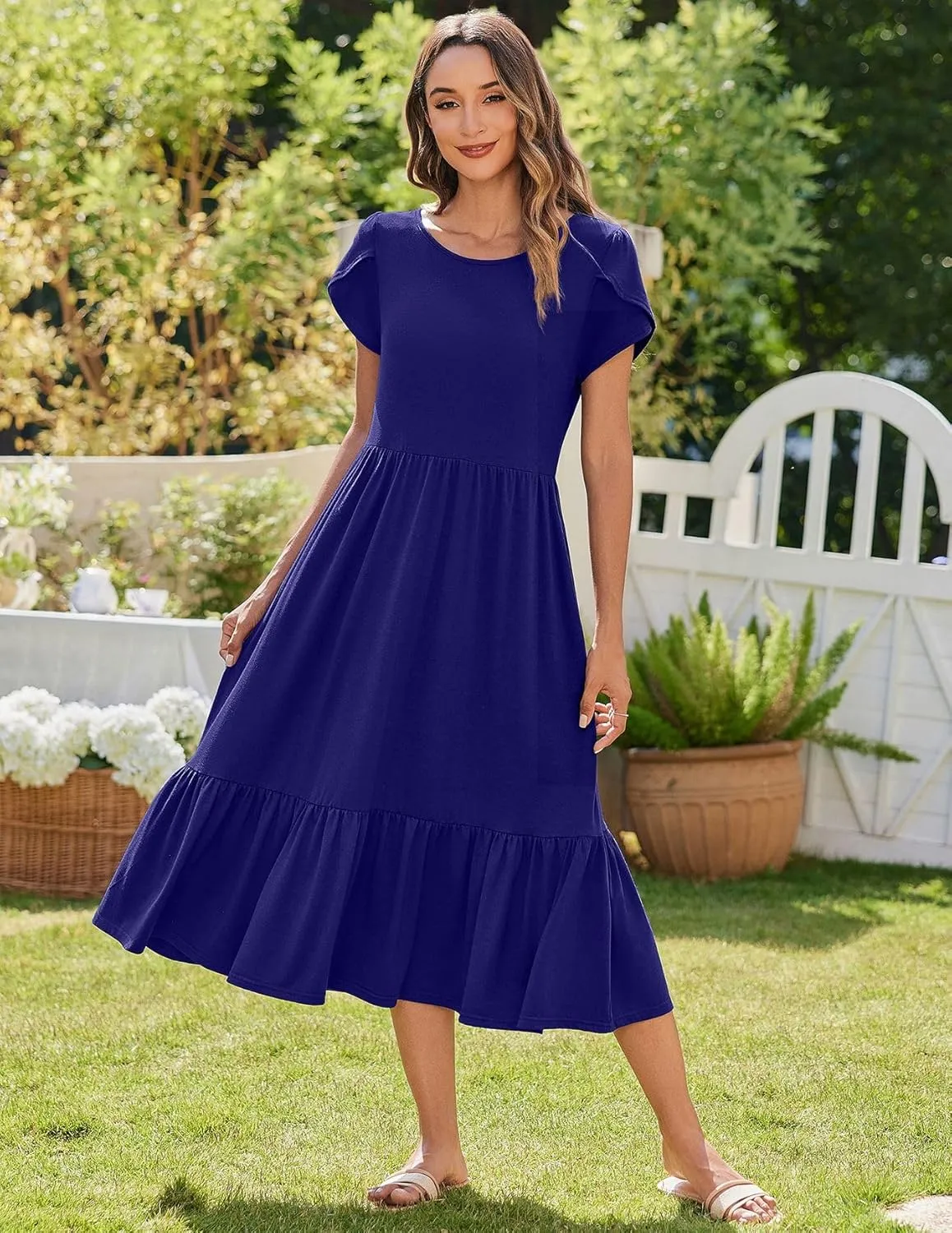 Zeagoo Midi A Line Dress Short Sleeve Casual Flowy Tiered Sundress