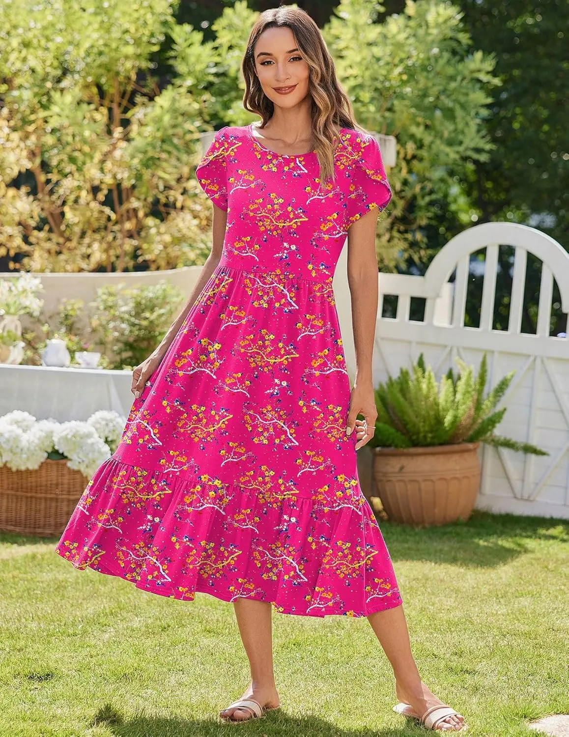 Zeagoo Midi A Line Dress Short Sleeve Casual Flowy Tiered Sundress