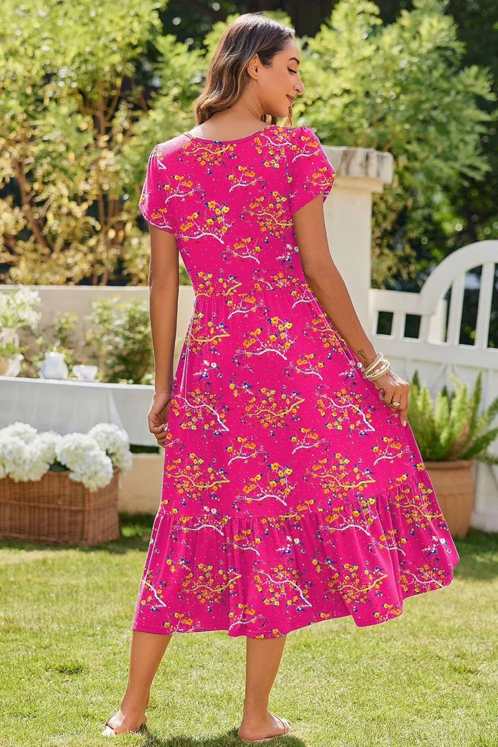 Zeagoo Midi A Line Dress Short Sleeve Casual Flowy Tiered Sundress