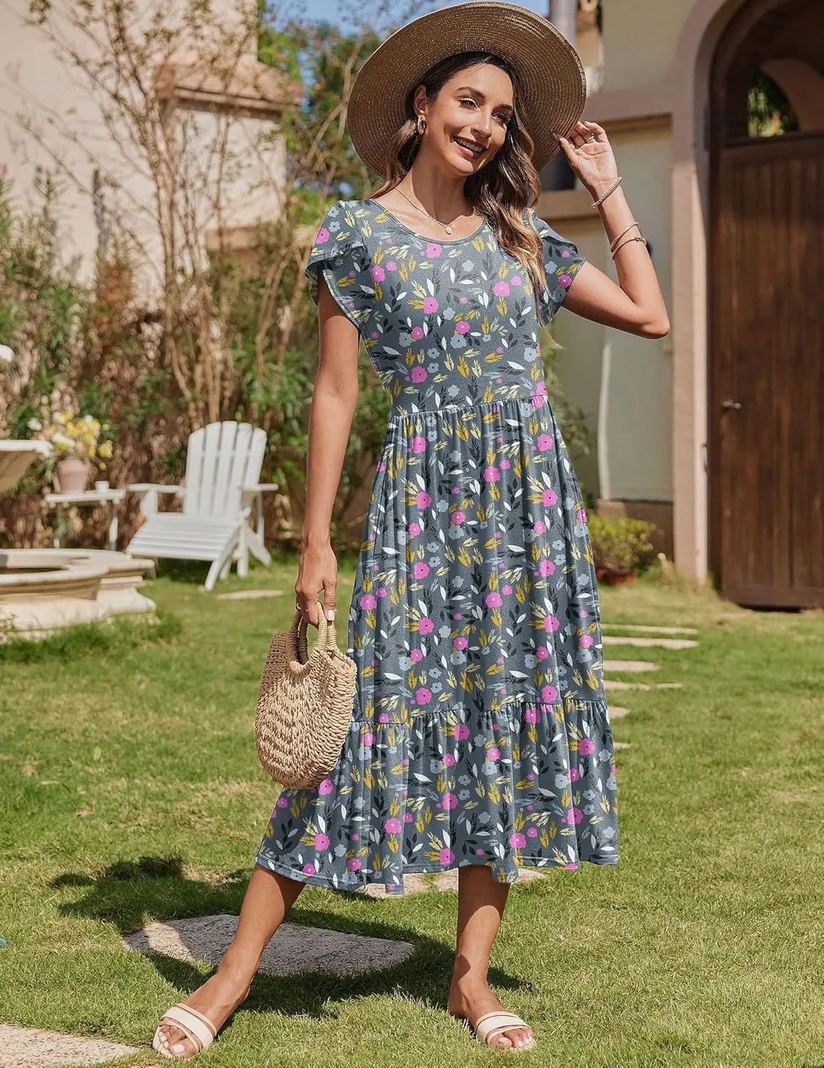 Zeagoo Midi A Line Dress Short Sleeve Casual Flowy Tiered Sundress