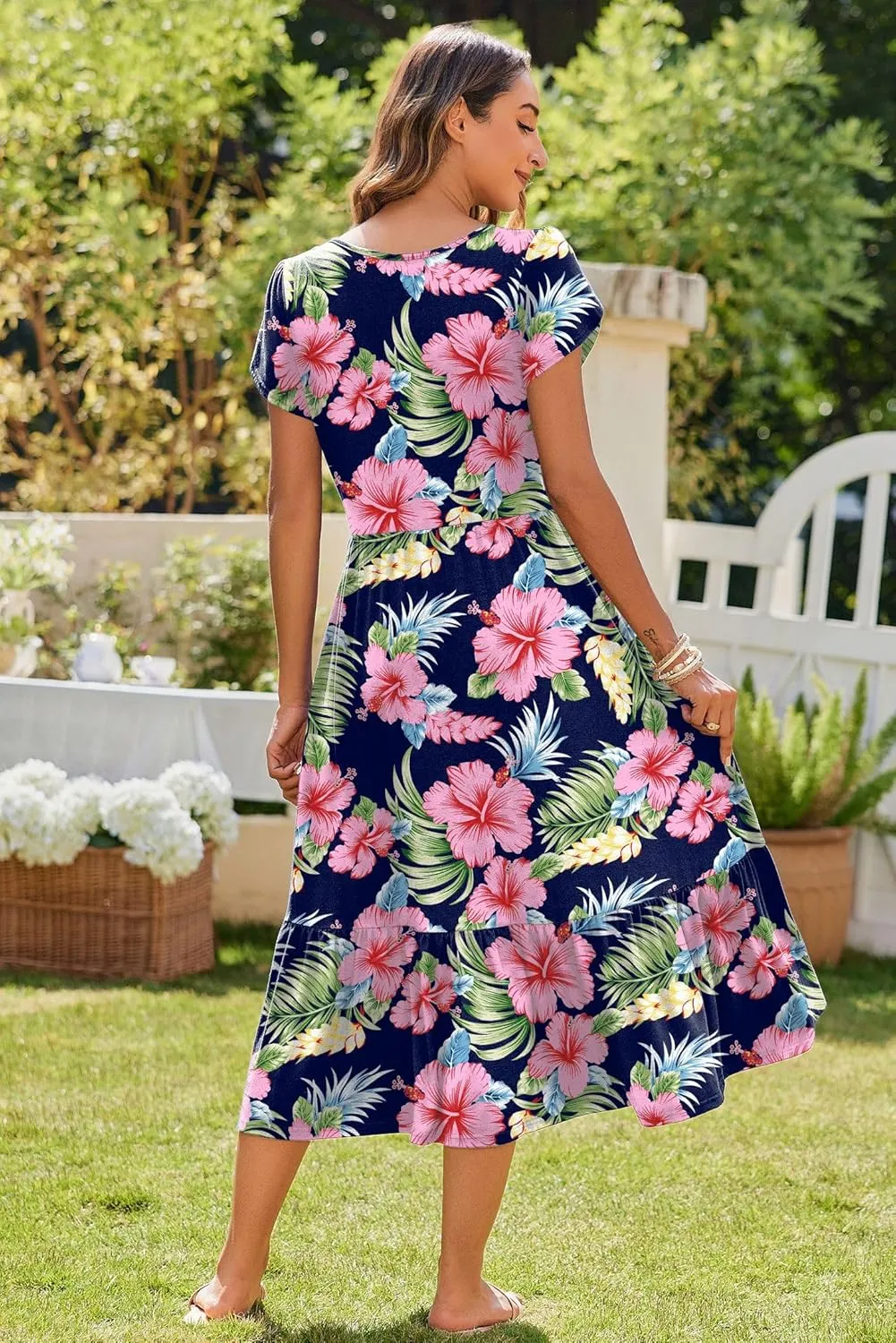 Zeagoo Midi A Line Dress Short Sleeve Casual Flowy Tiered Sundress