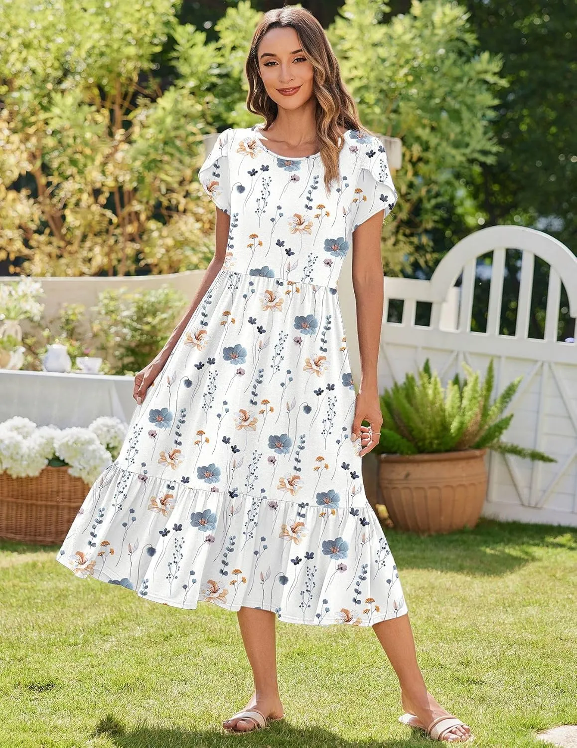 Zeagoo Midi A Line Dress Short Sleeve Casual Flowy Tiered Sundress
