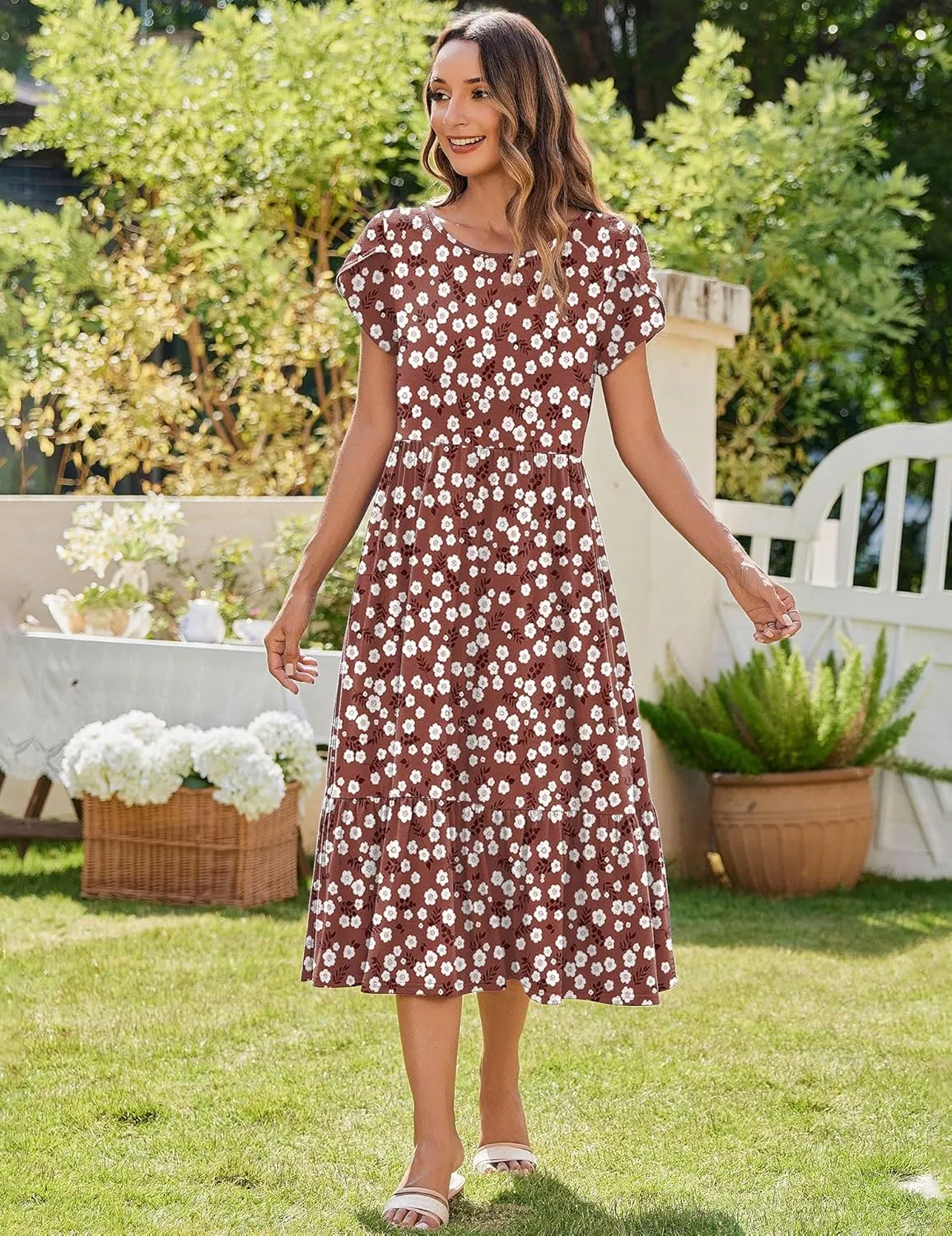 Zeagoo Midi A Line Dress Short Sleeve Casual Flowy Tiered Sundress