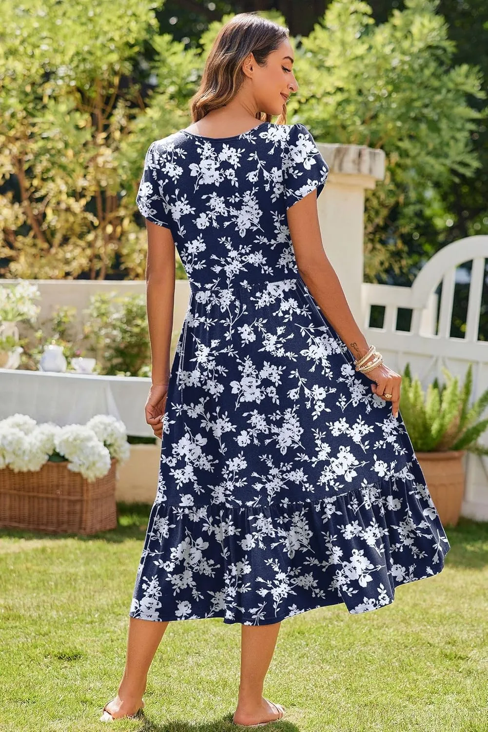 Zeagoo Midi A Line Dress Short Sleeve Casual Flowy Tiered Sundress