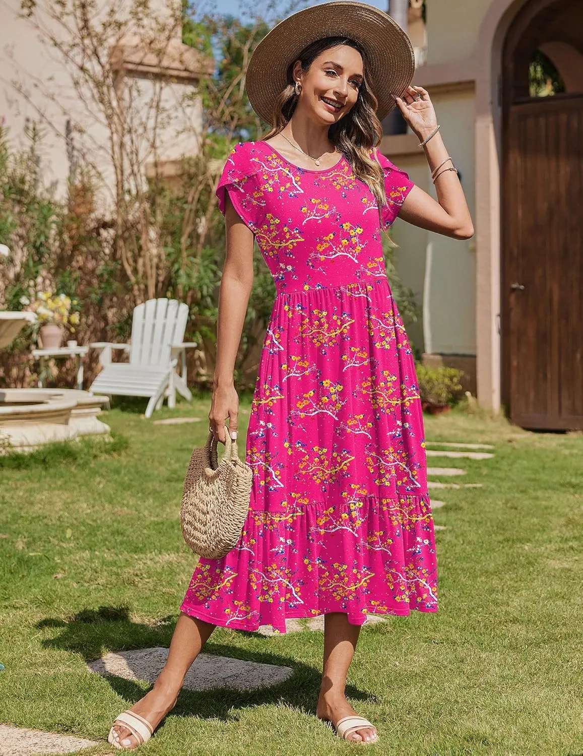 Zeagoo Midi A Line Dress Short Sleeve Casual Flowy Tiered Sundress