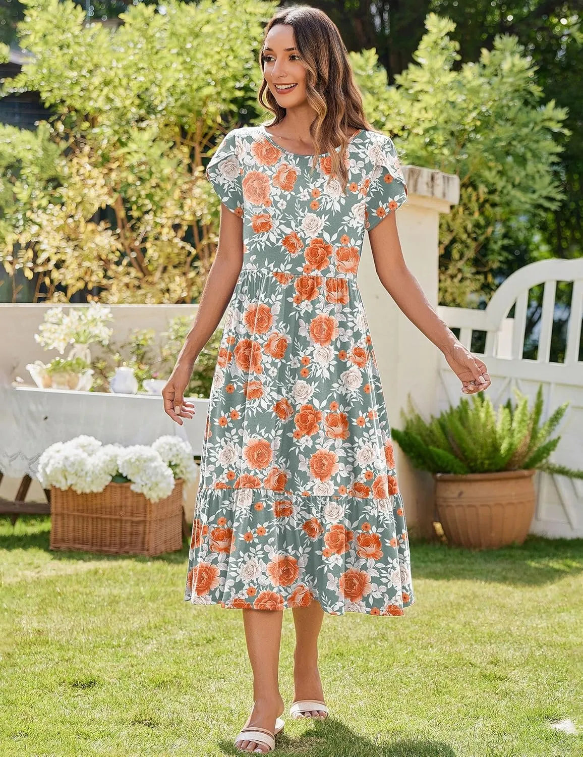 Zeagoo Midi A Line Dress Short Sleeve Casual Flowy Tiered Sundress