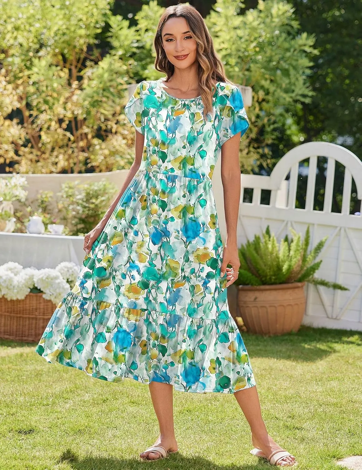 Zeagoo Midi A Line Dress Short Sleeve Casual Flowy Tiered Sundress
