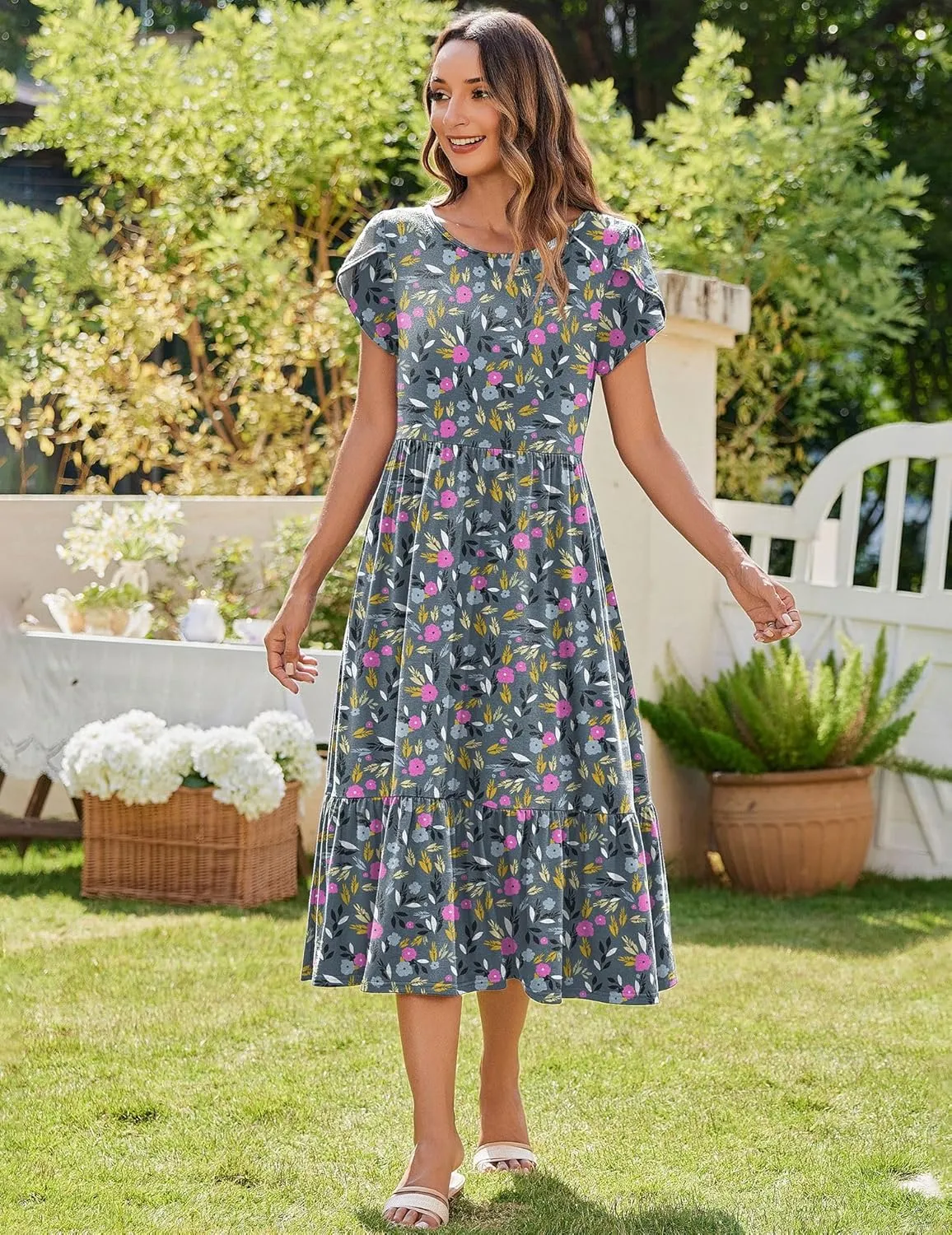 Zeagoo Midi A Line Dress Short Sleeve Casual Flowy Tiered Sundress
