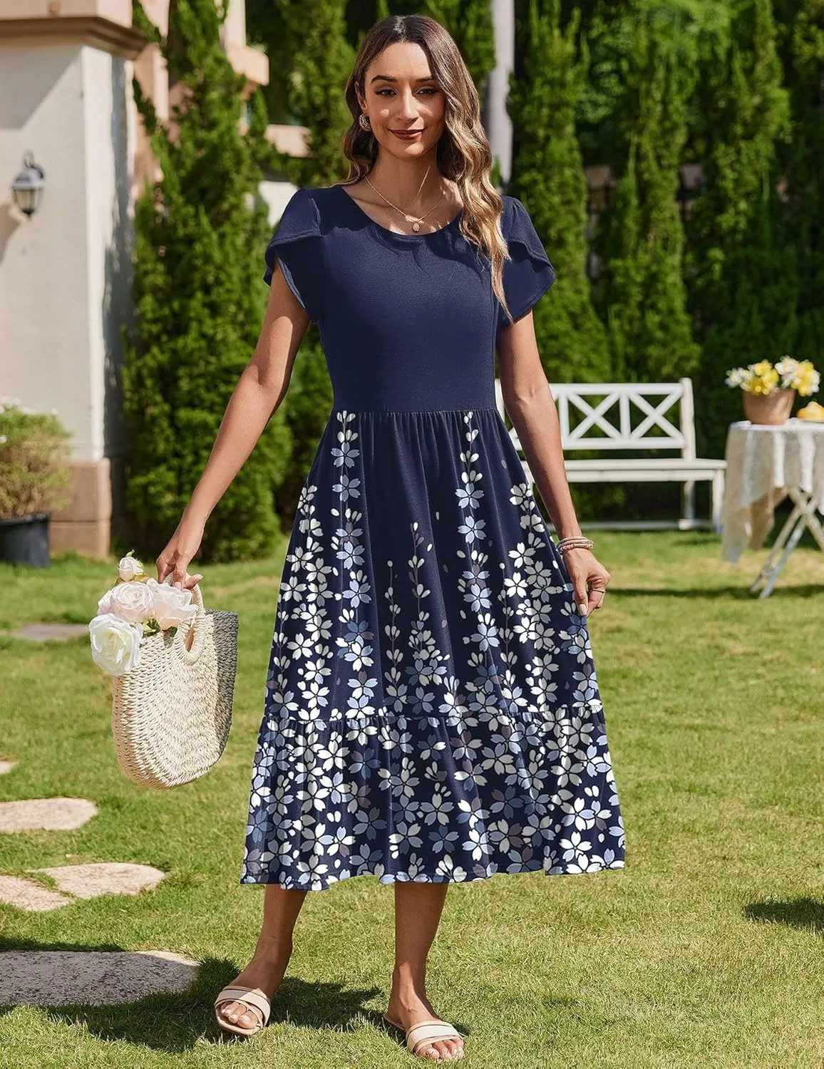 Zeagoo Midi A Line Dress Short Sleeve Casual Flowy Tiered Sundress