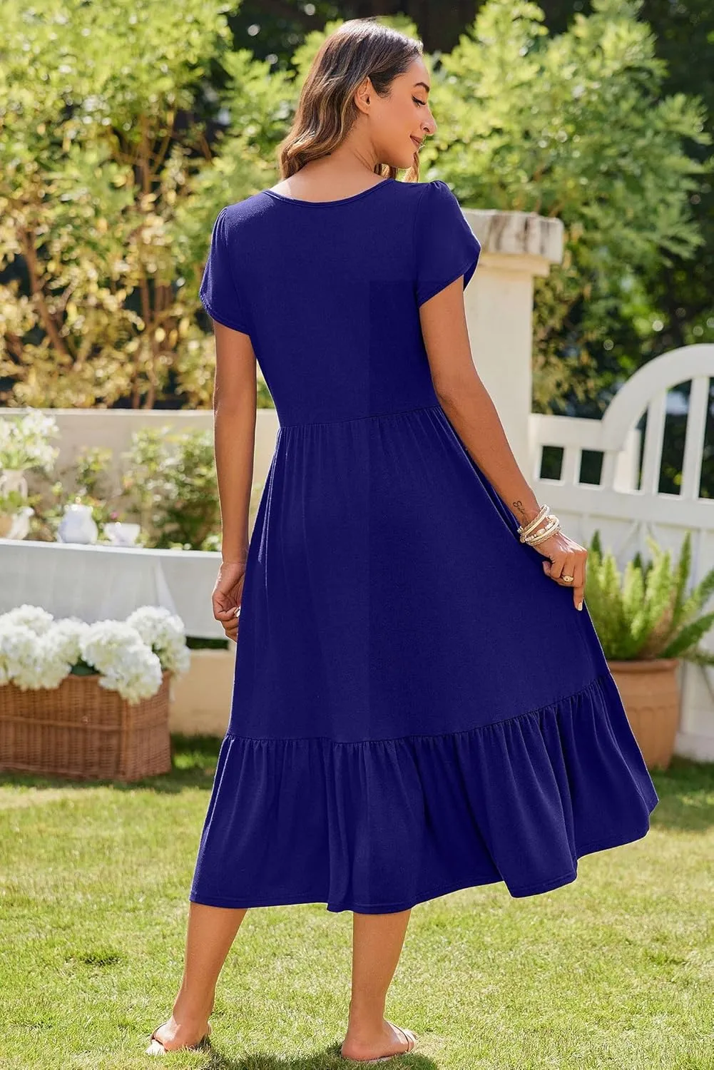 Zeagoo Midi A Line Dress Short Sleeve Casual Flowy Tiered Sundress