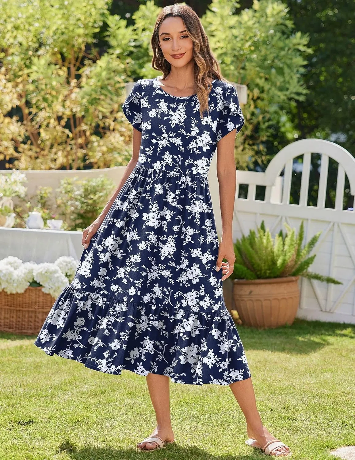 Zeagoo Midi A Line Dress Short Sleeve Casual Flowy Tiered Sundress
