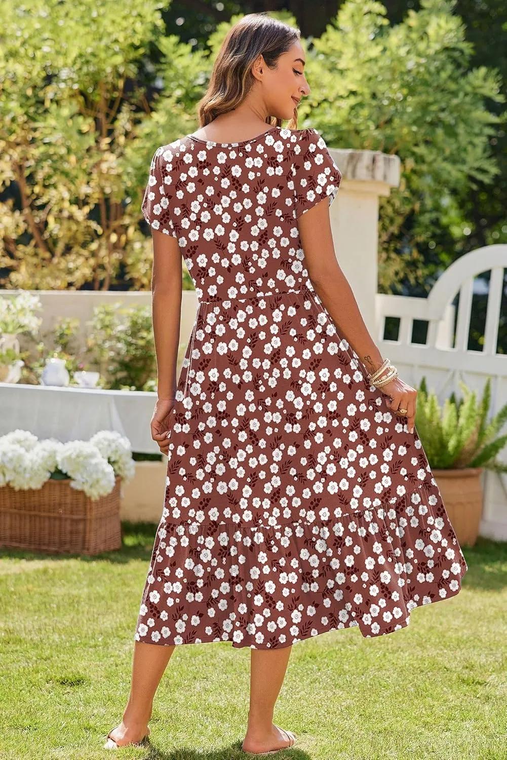 Zeagoo Midi A Line Dress Short Sleeve Casual Flowy Tiered Sundress
