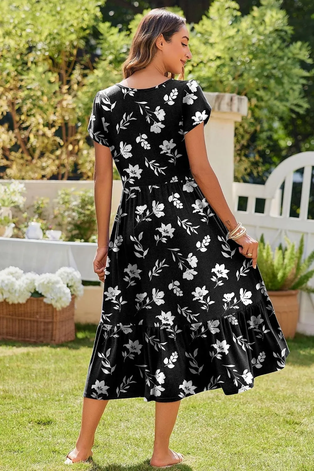 Zeagoo Midi A Line Dress Short Sleeve Casual Flowy Tiered Sundress