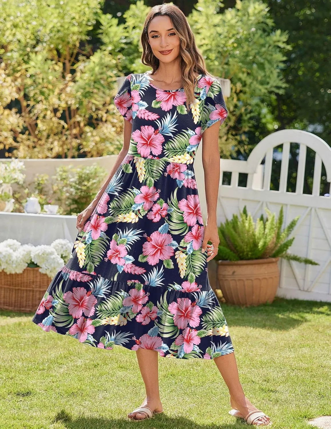 Zeagoo Midi A Line Dress Short Sleeve Casual Flowy Tiered Sundress