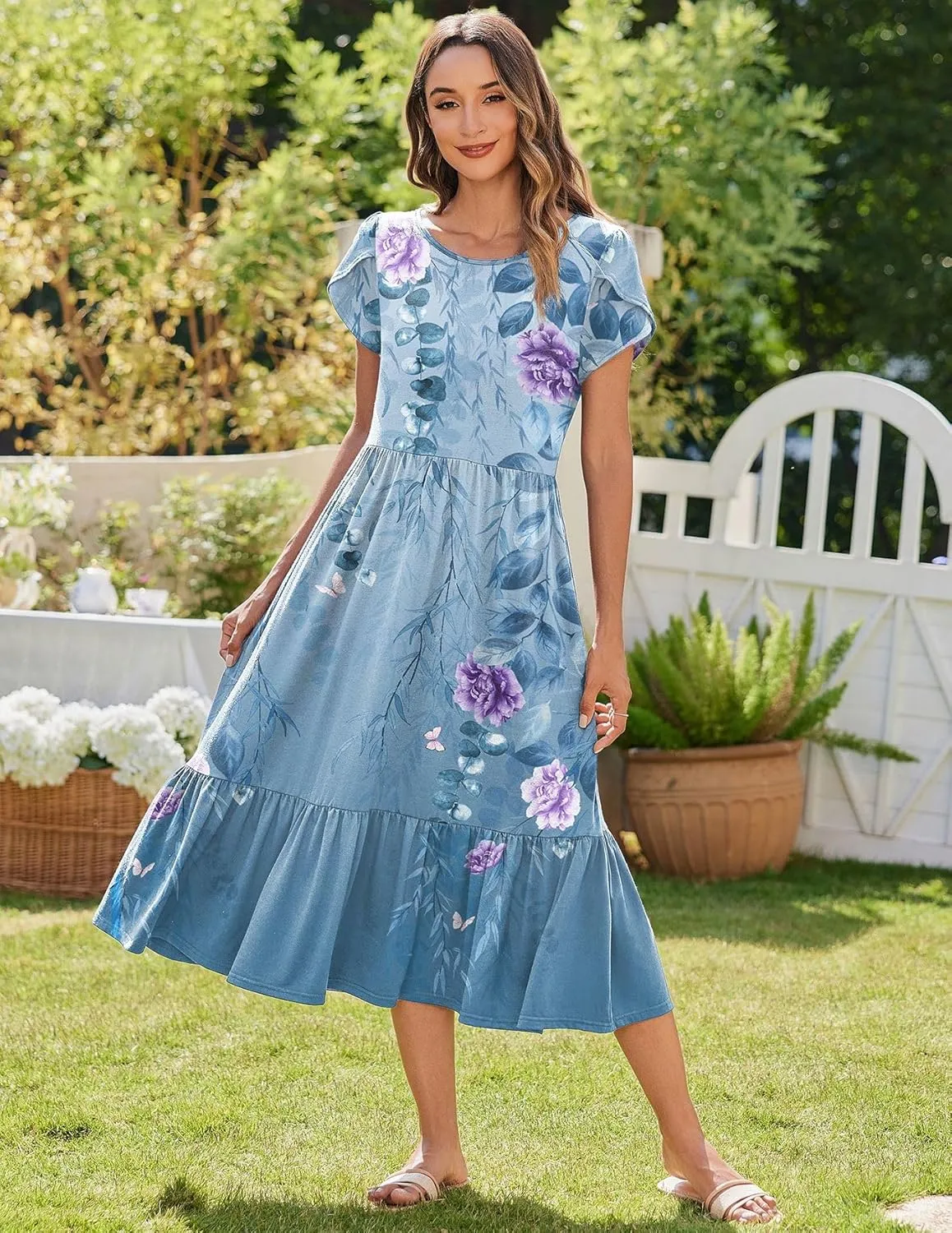 Zeagoo Midi A Line Dress Short Sleeve Casual Flowy Tiered Sundress