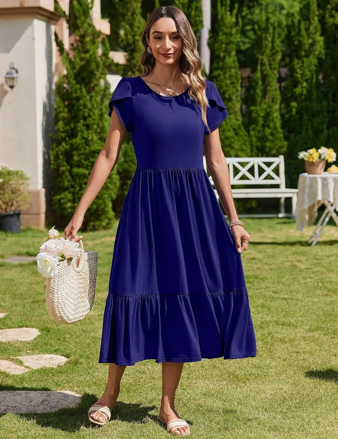 Zeagoo Midi A Line Dress Short Sleeve Casual Flowy Tiered Sundress