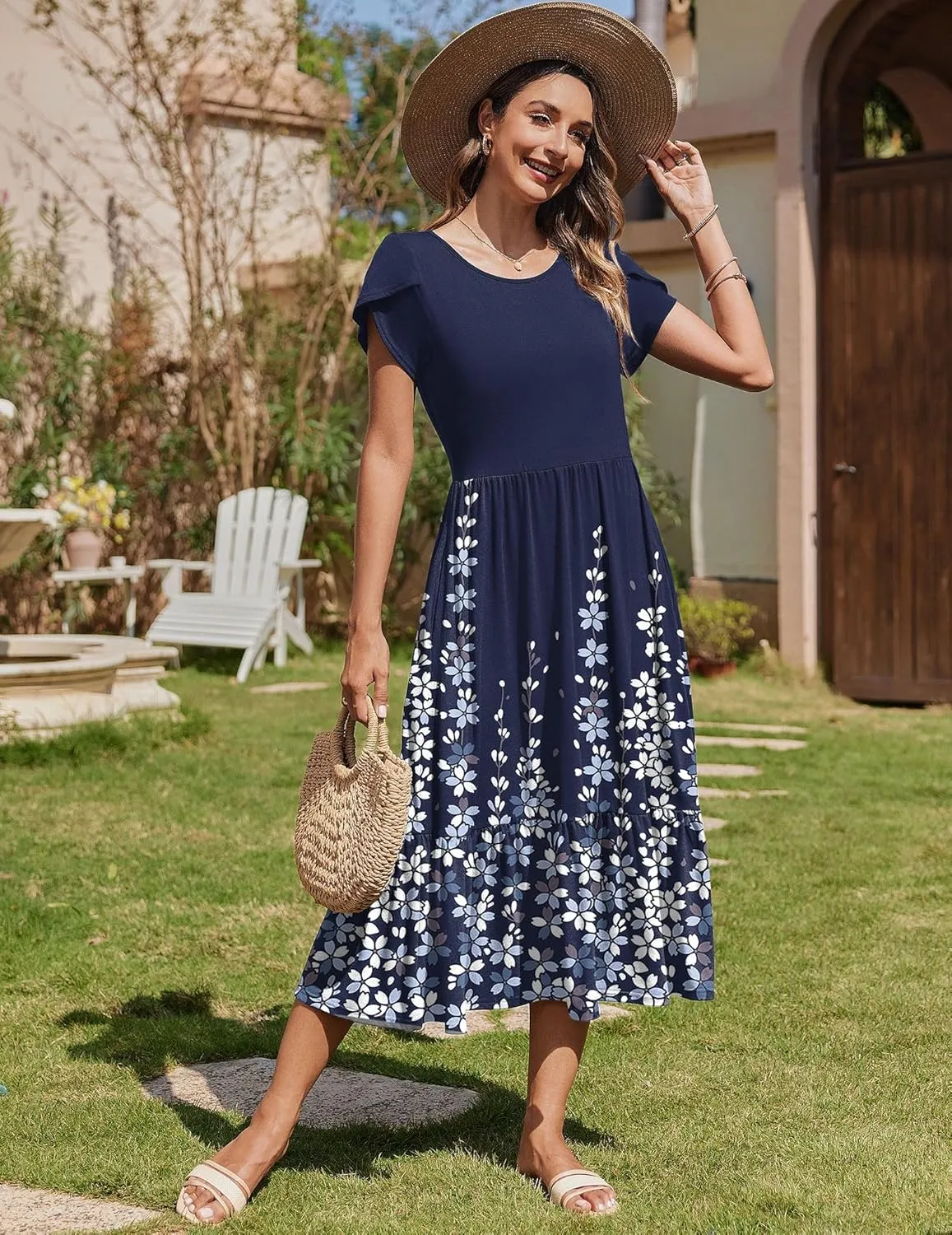 Zeagoo Midi A Line Dress Short Sleeve Casual Flowy Tiered Sundress