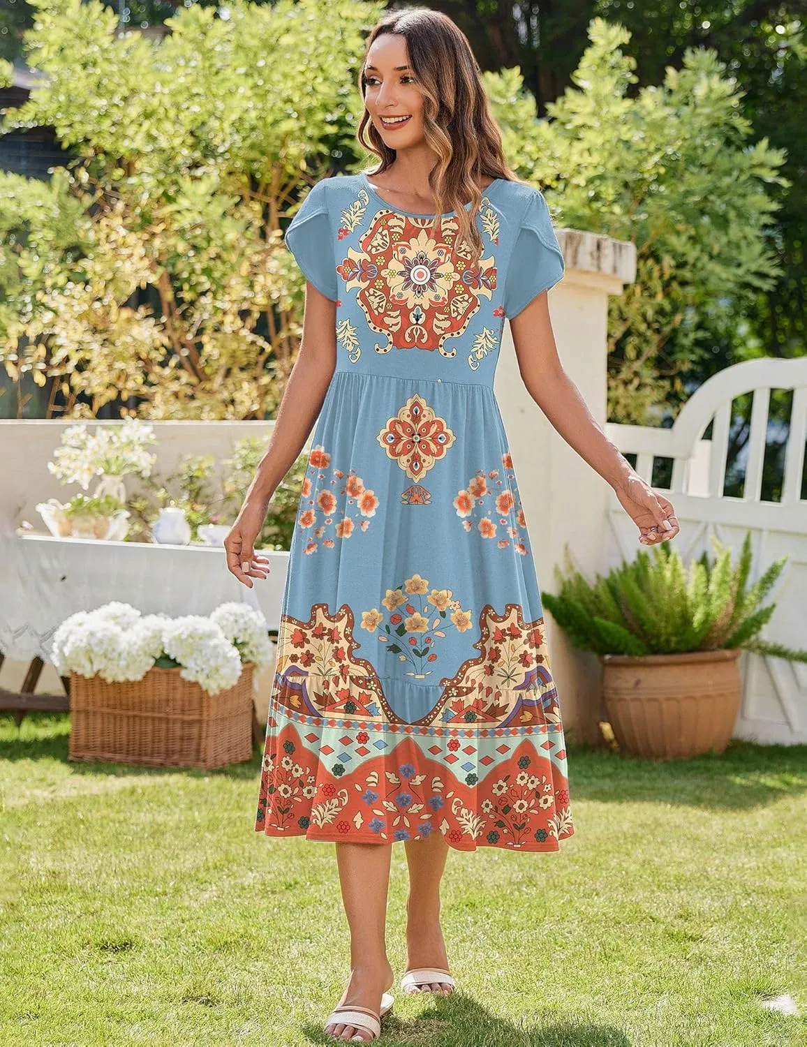 Zeagoo Midi A Line Dress Short Sleeve Casual Flowy Tiered Sundress