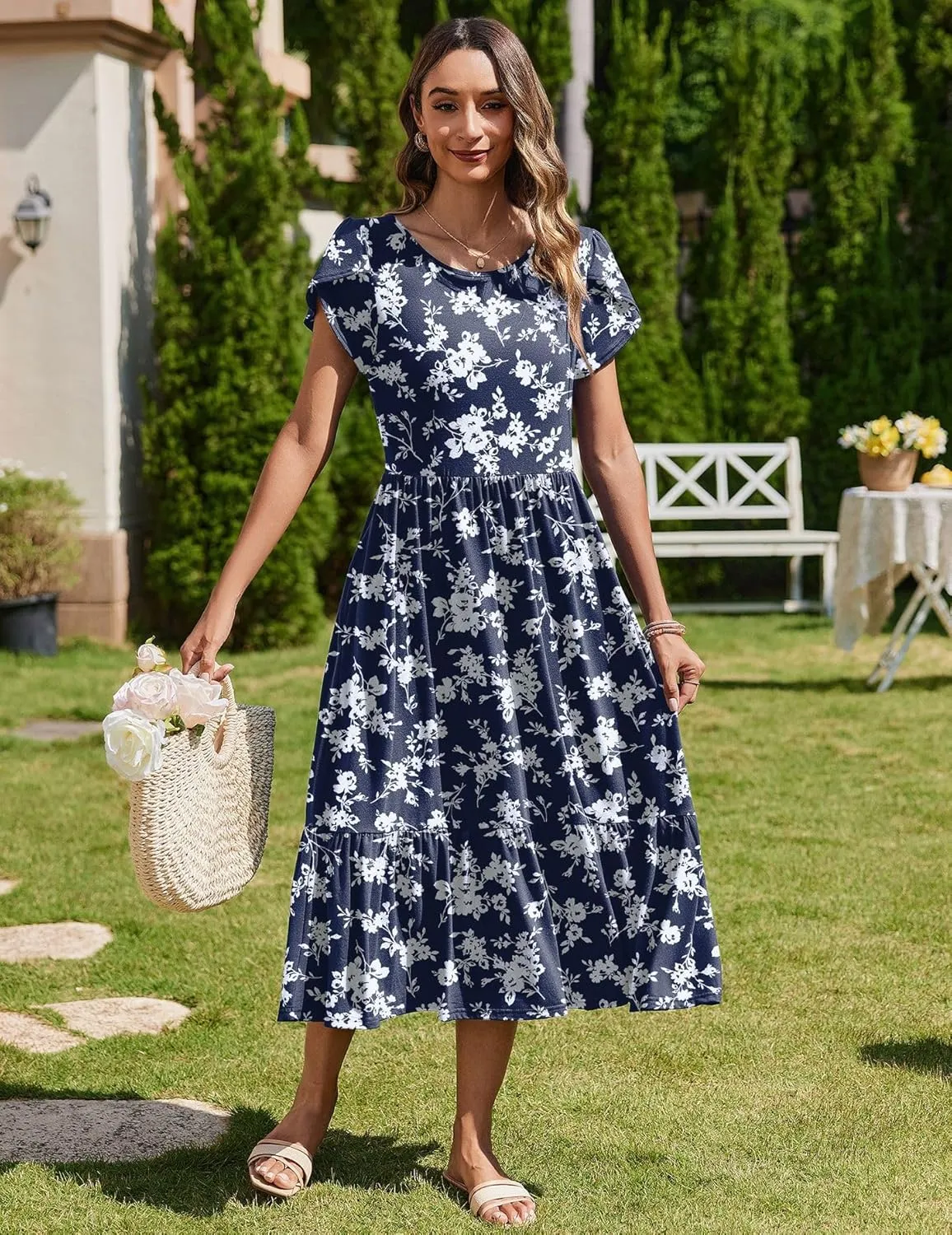 Zeagoo Midi A Line Dress Short Sleeve Casual Flowy Tiered Sundress