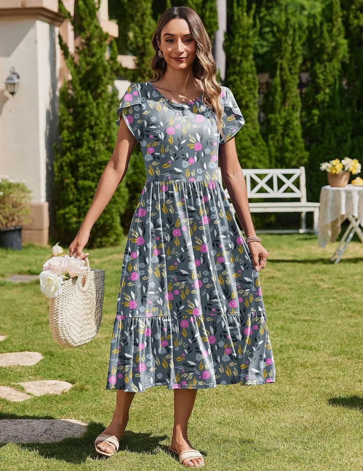 Zeagoo Midi A Line Dress Short Sleeve Casual Flowy Tiered Sundress