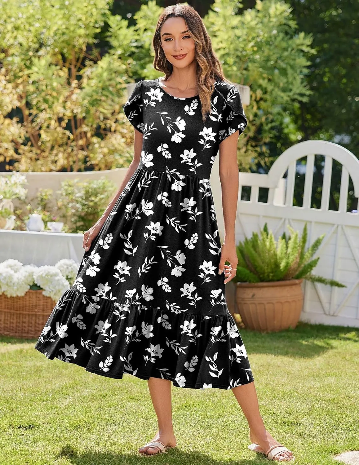 Zeagoo Midi A Line Dress Short Sleeve Casual Flowy Tiered Sundress