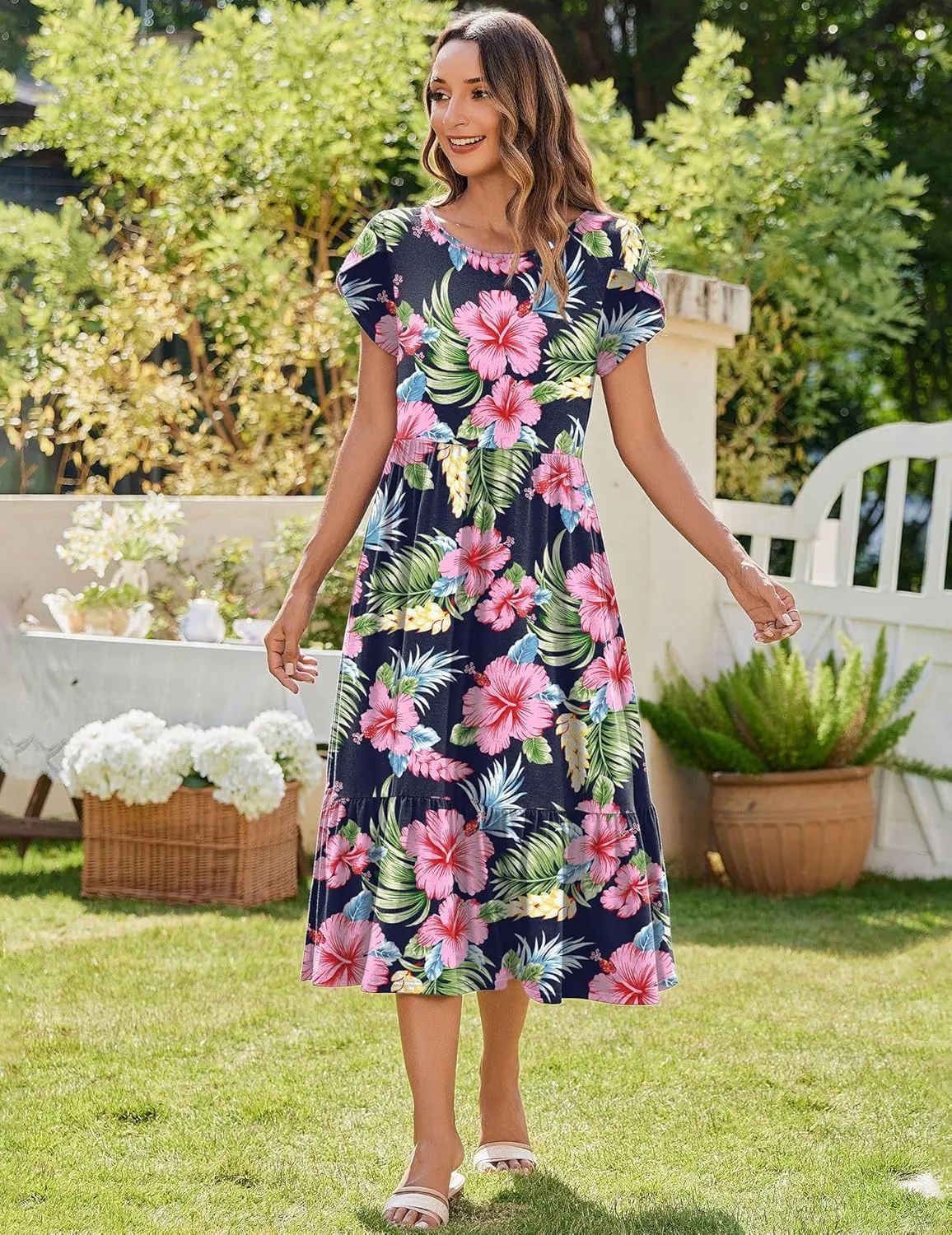 Zeagoo Midi A Line Dress Short Sleeve Casual Flowy Tiered Sundress