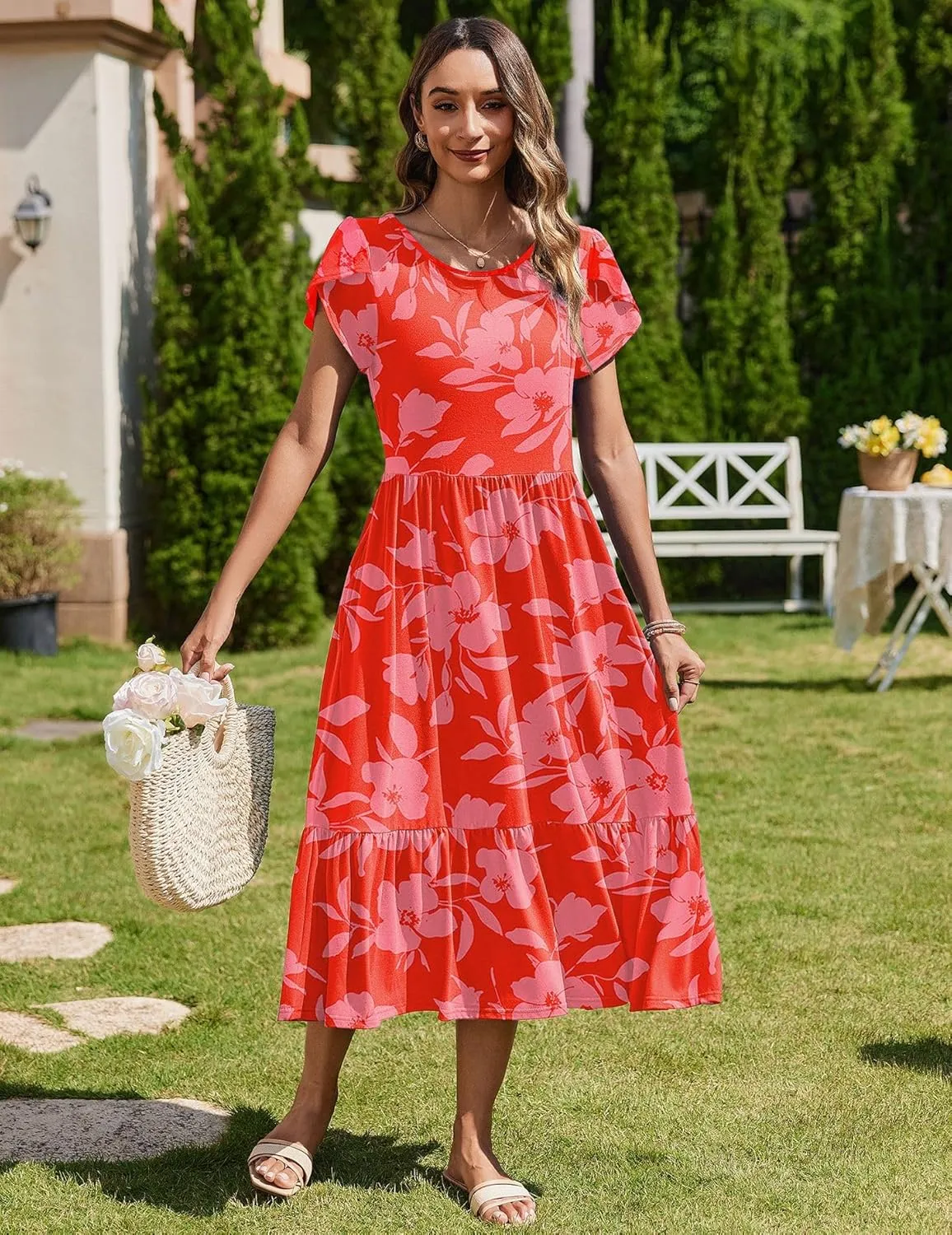 Zeagoo Midi A Line Dress Short Sleeve Casual Flowy Tiered Sundress