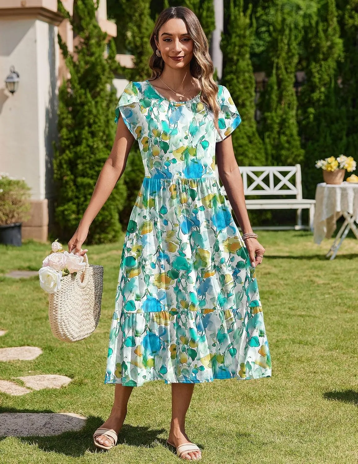 Zeagoo Midi A Line Dress Short Sleeve Casual Flowy Tiered Sundress
