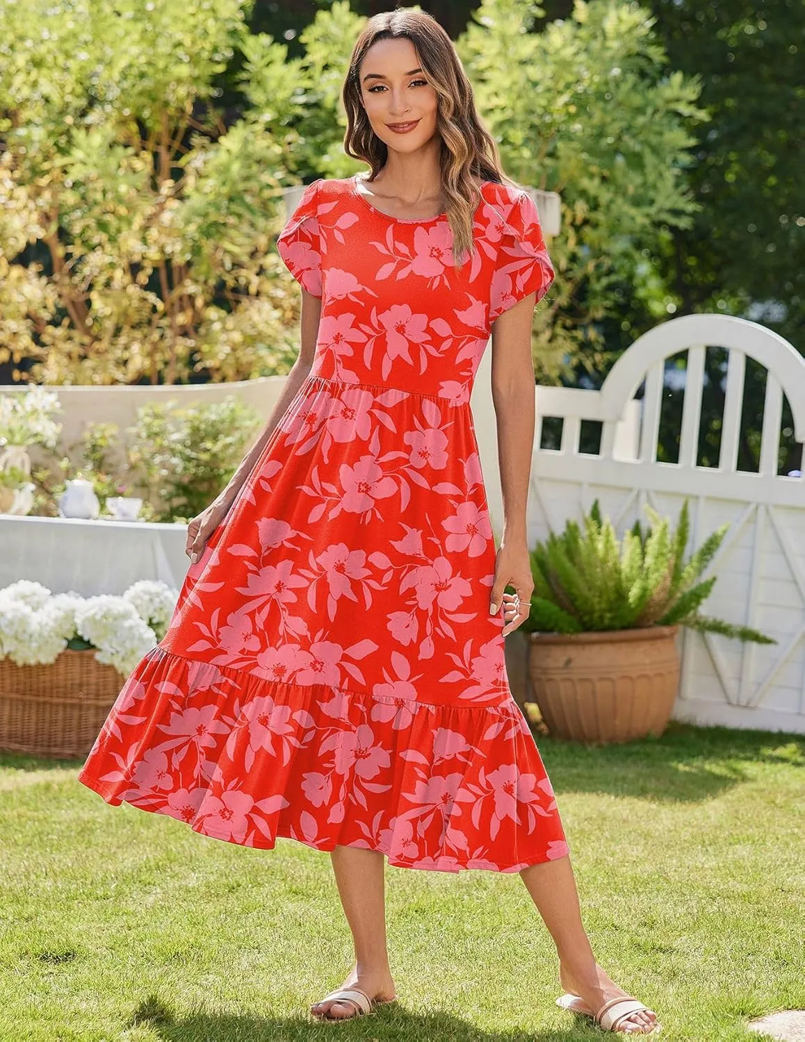 Zeagoo Midi A Line Dress Short Sleeve Casual Flowy Tiered Sundress