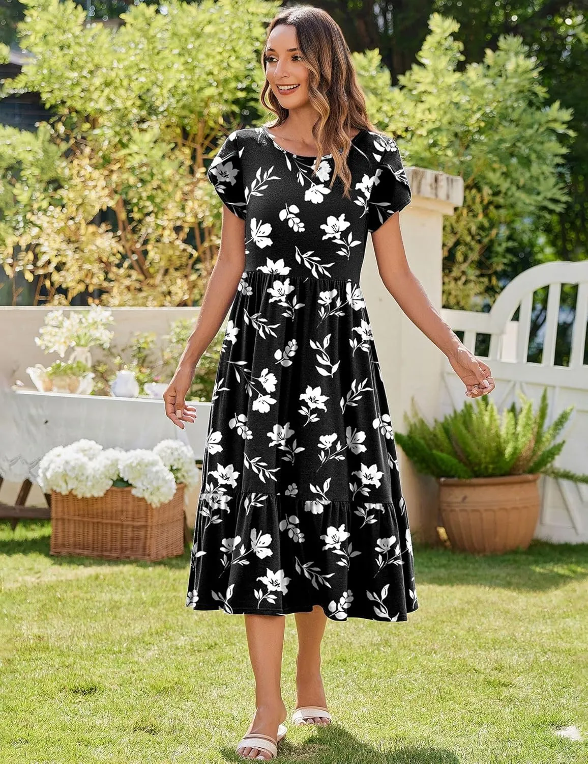 Zeagoo Midi A Line Dress Short Sleeve Casual Flowy Tiered Sundress